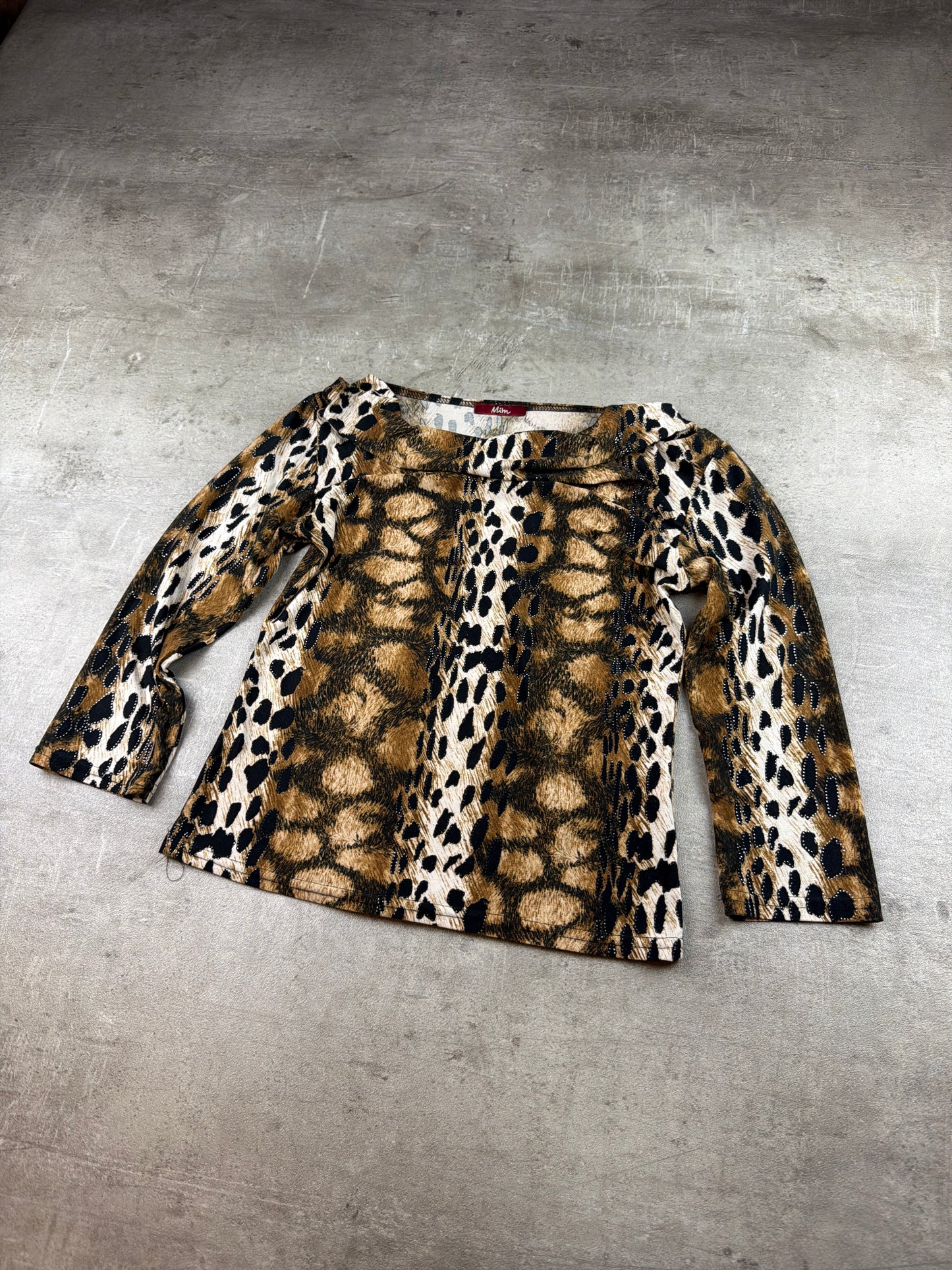 Mïm Y2K Glam Animal Print Boatneck Longsleeve - Brown / Leopard Aesthetic