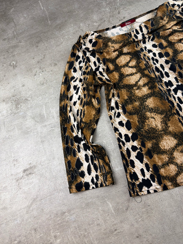 Mïm Y2K Glam Animal Print Boatneck Longsleeve - Brown / Leopard Aesthetic