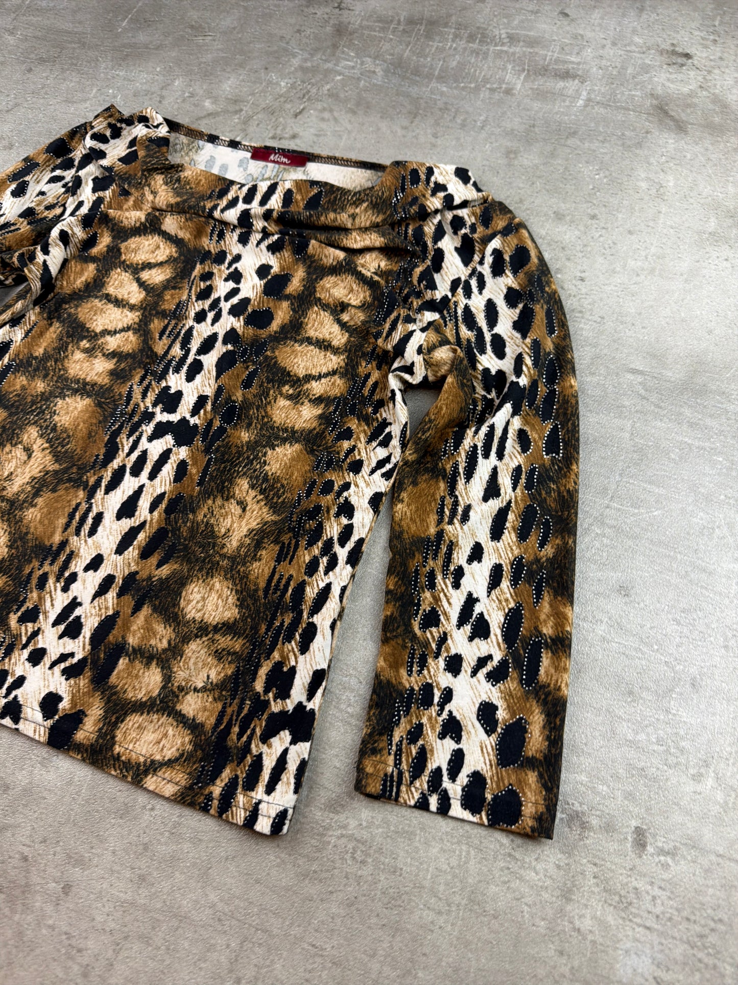 Mïm Y2K Glam Animal Print Boatneck Longsleeve - Brown / Leopard Aesthetic