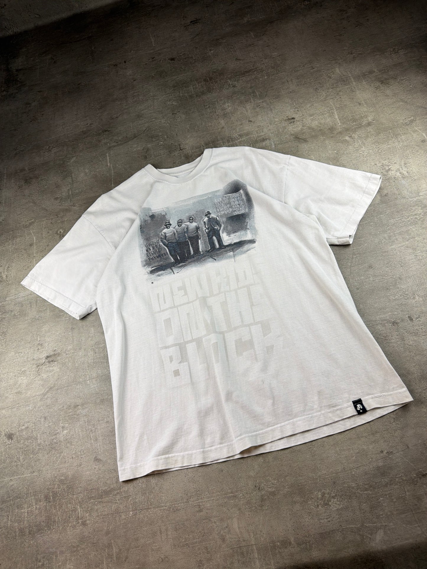 Vintage "New Kid On The Block" Street Graphic Boxy T-Shirt – Washed White / Hip Hop Aesthetic