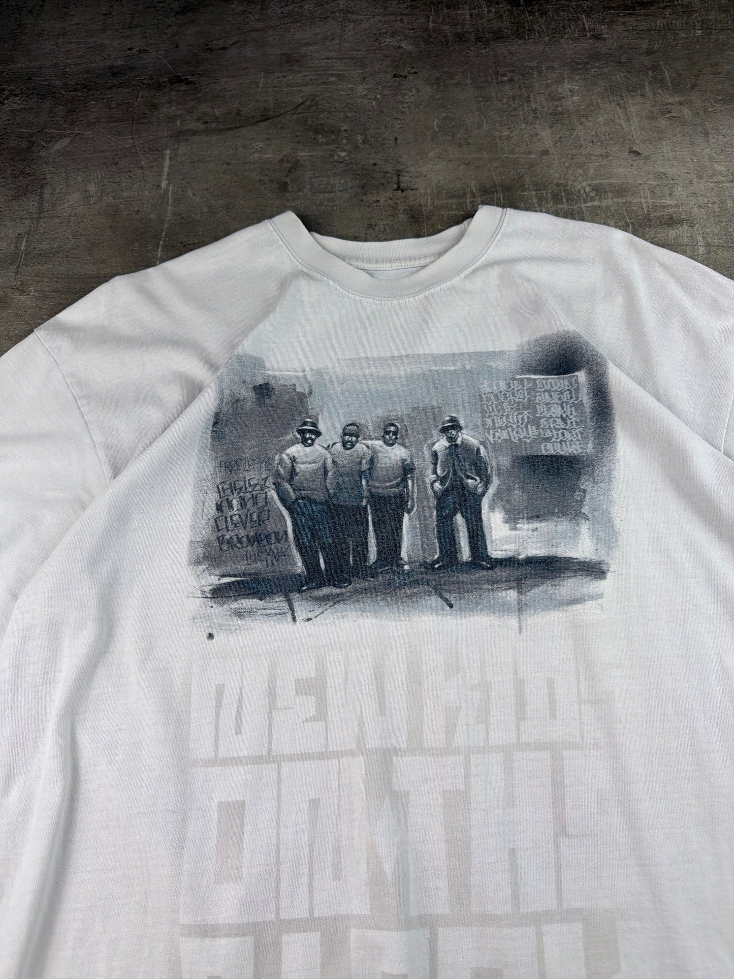 Vintage "New Kid On The Block" Street Graphic Boxy T-Shirt – Washed White / Hip Hop Aesthetic