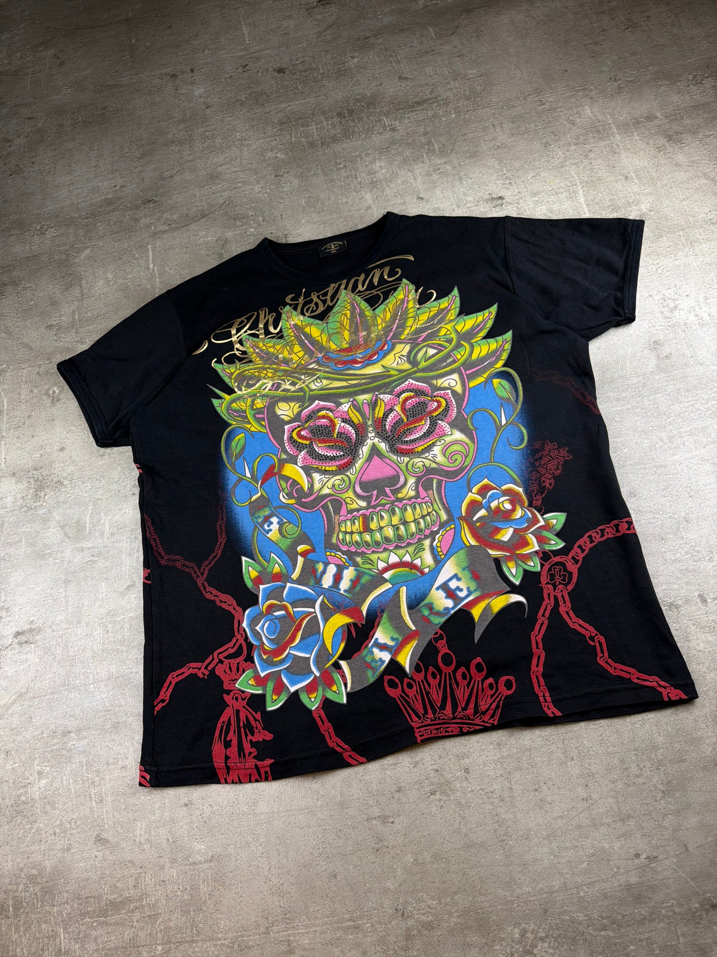 Christian Audigier Archive Rhinestone Skull "Los Angeles" Graphic Tee - Black/Multicolor