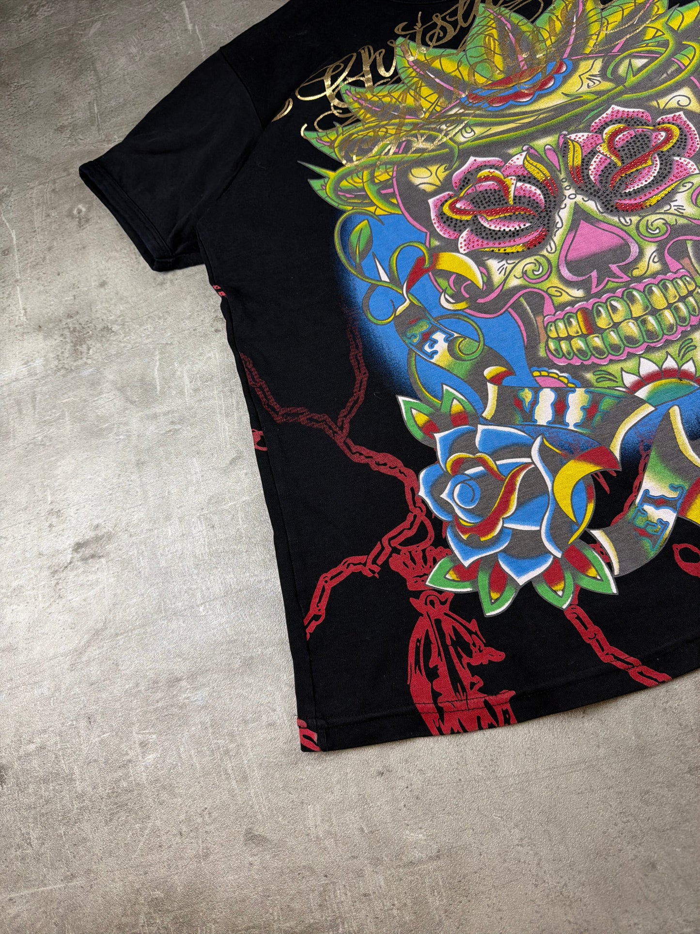 Christian Audigier Archive Rhinestone Skull "Los Angeles" Graphic Tee - Black/Multicolor