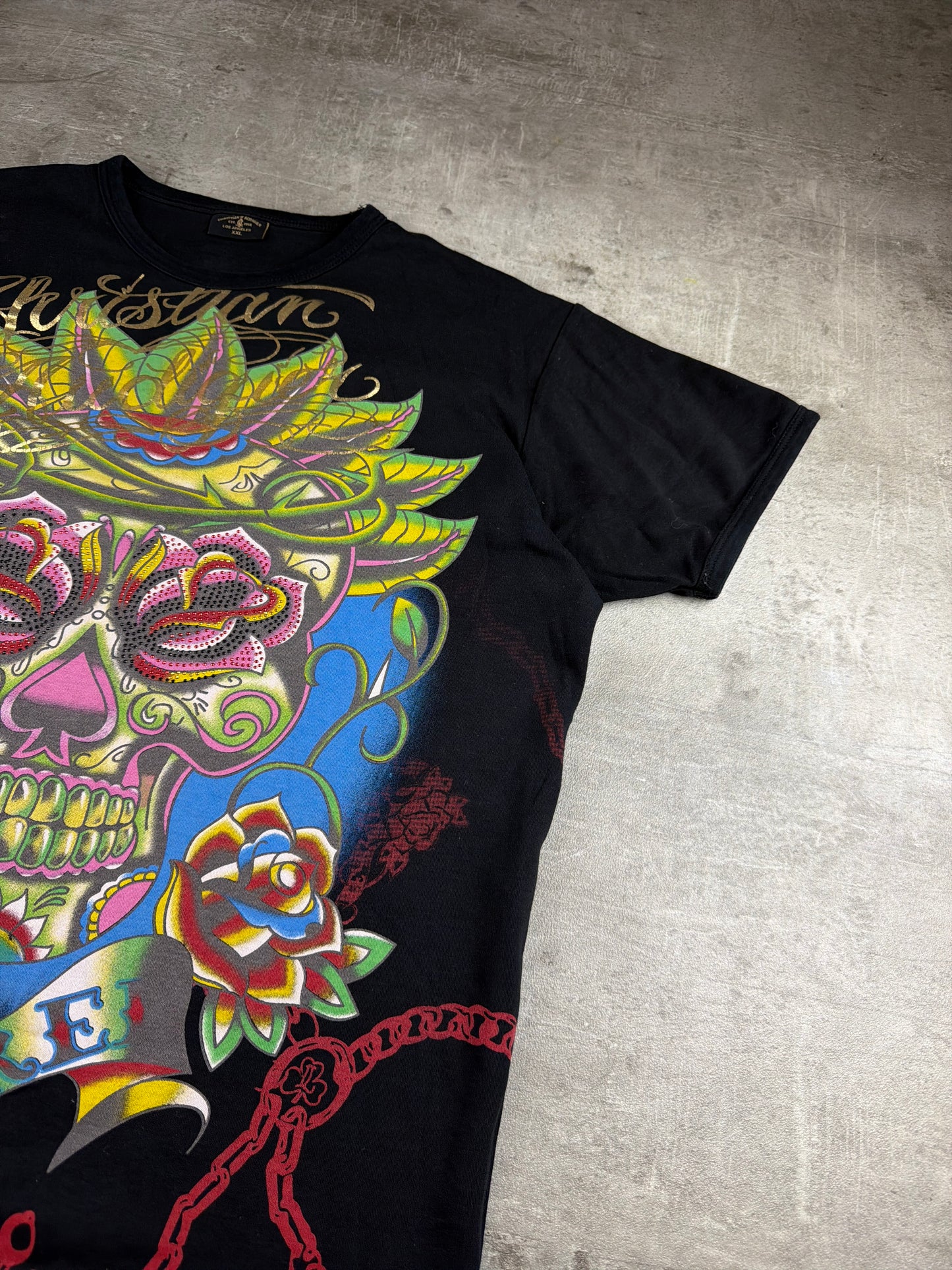 Christian Audigier Archive Rhinestone Skull "Los Angeles" Graphic Tee - Black/Multicolor