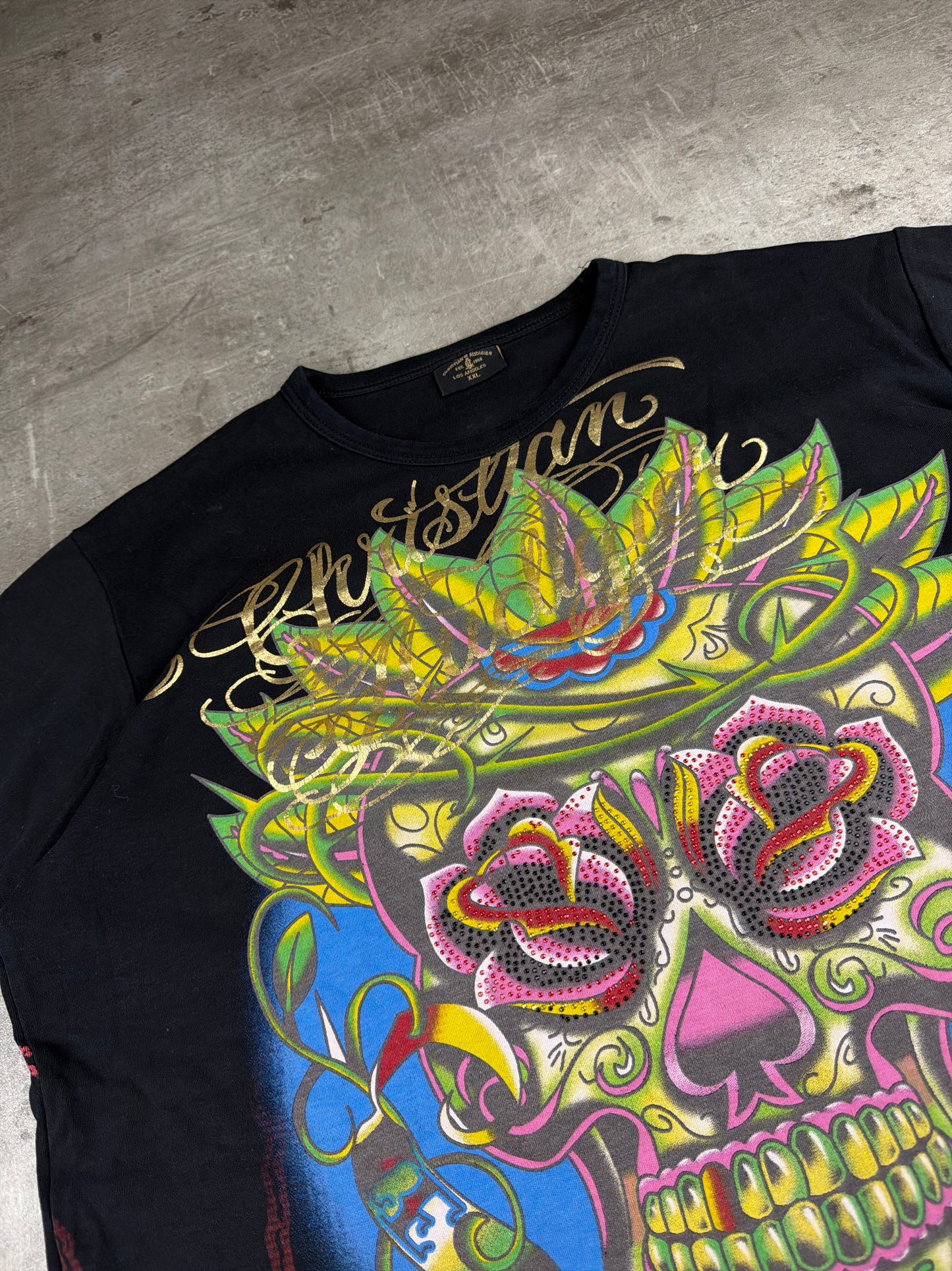 Christian Audigier Archive Rhinestone Skull "Los Angeles" Graphic Tee - Black/Multicolor
