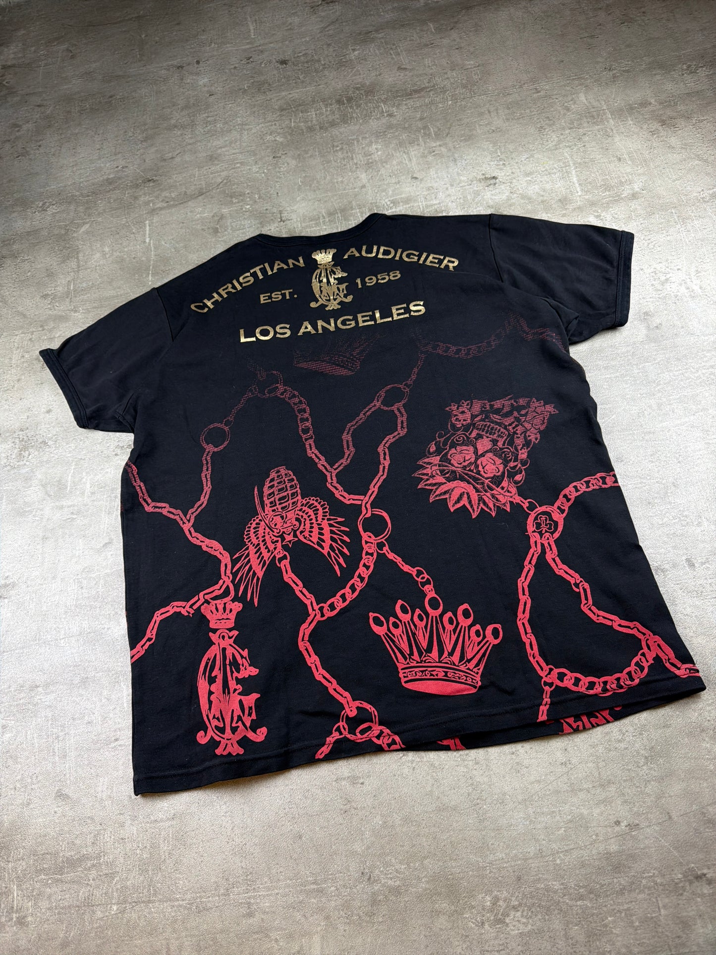 Christian Audigier Archive Rhinestone Skull "Los Angeles" Graphic Tee - Black/Multicolor
