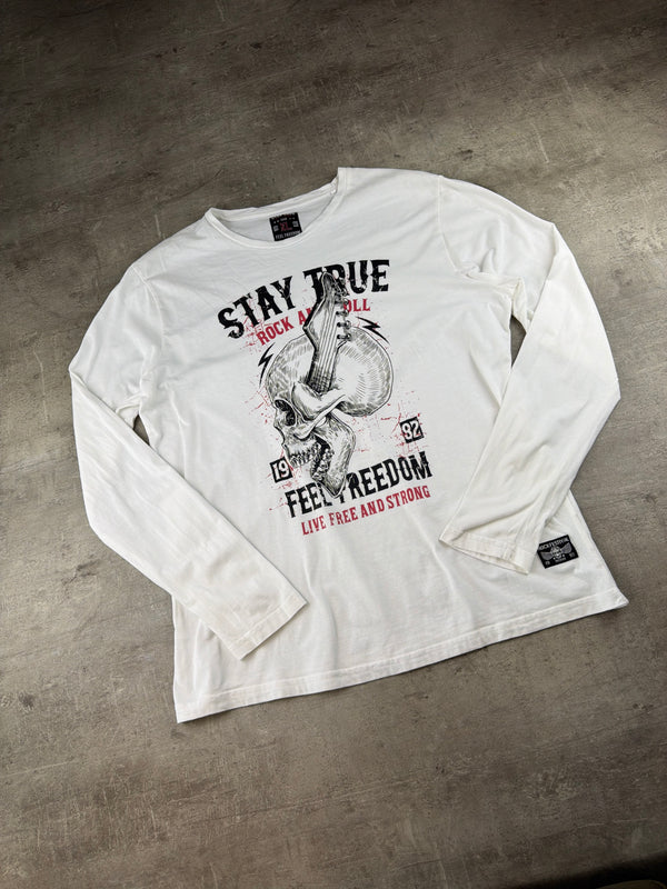 Vintage Grunge Rock "Stay True" Skull Longsleeve – Off-White / Graphic Print