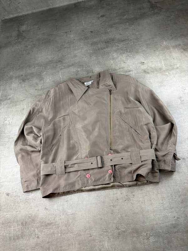 Madeleine Vintage Asymmetrical Belted Biker Silk Jacket - Washed Greyish Taupe Earth Tones