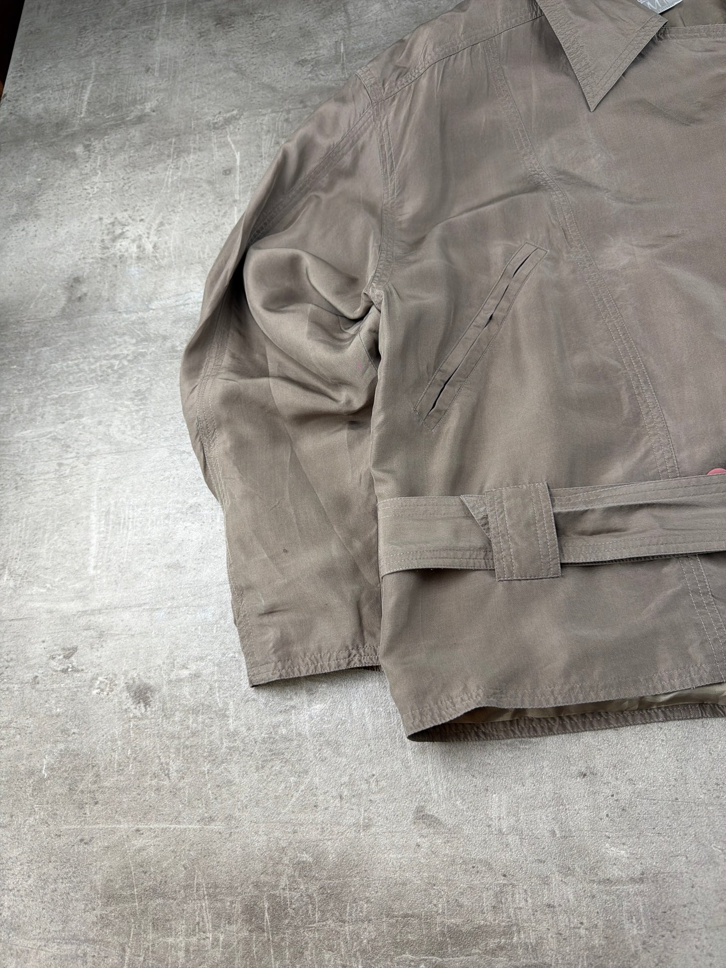 Madeleine Vintage Asymmetrical Belted Biker Silk Jacket - Washed Greyish Taupe Earth Tones