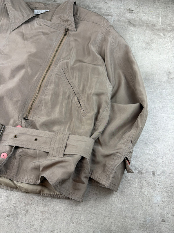 Madeleine Vintage Asymmetrical Belted Biker Silk Jacket - Washed Greyish Taupe Earth Tones
