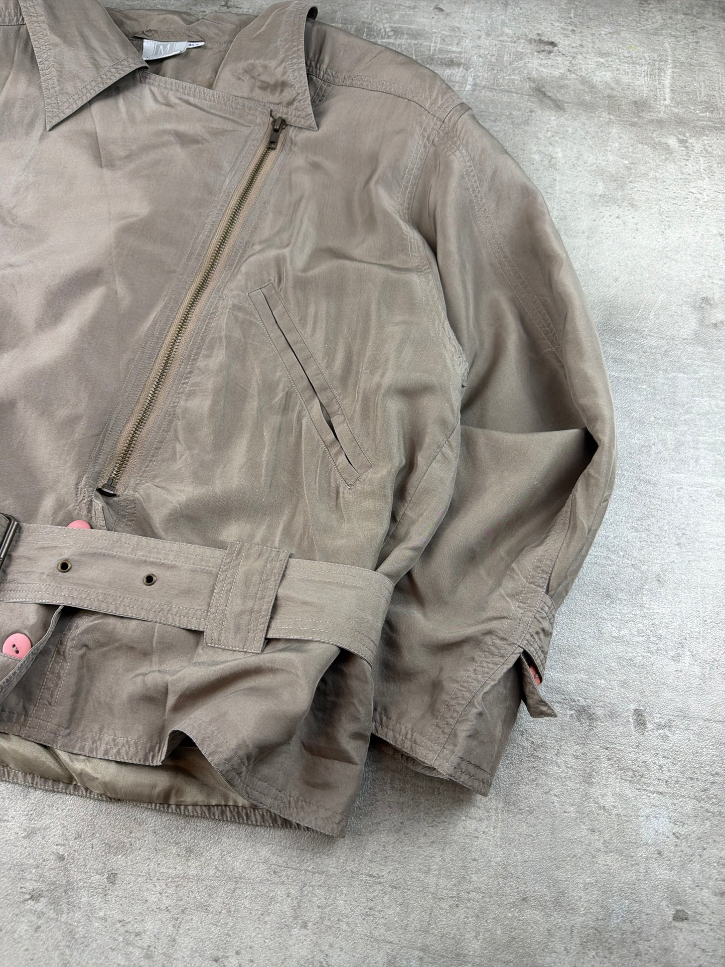 Madeleine Vintage Asymmetrical Belted Biker Silk Jacket - Washed Greyish Taupe Earth Tones