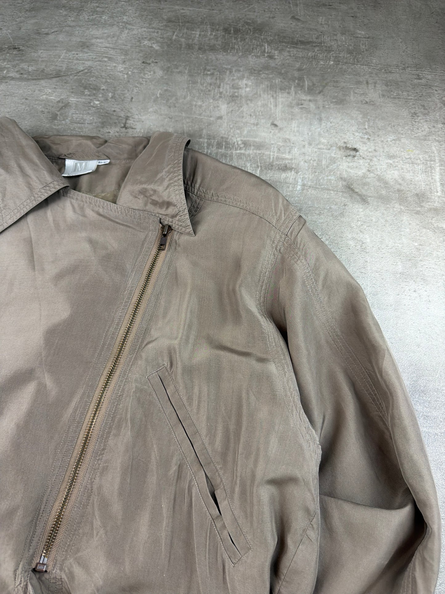 Madeleine Vintage Asymmetrical Belted Biker Silk Jacket - Washed Greyish Taupe Earth Tones