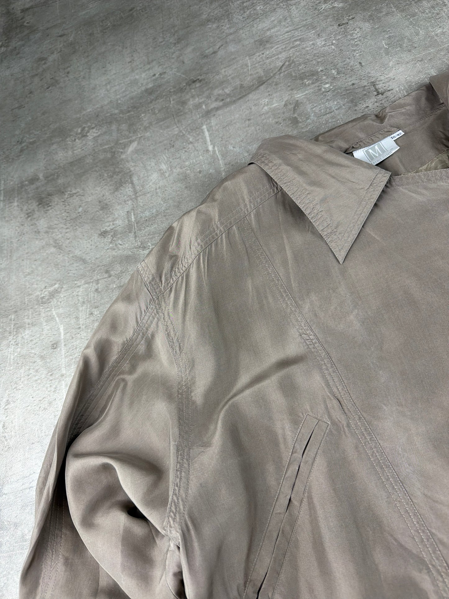 Madeleine Vintage Asymmetrical Belted Biker Silk Jacket - Washed Greyish Taupe Earth Tones