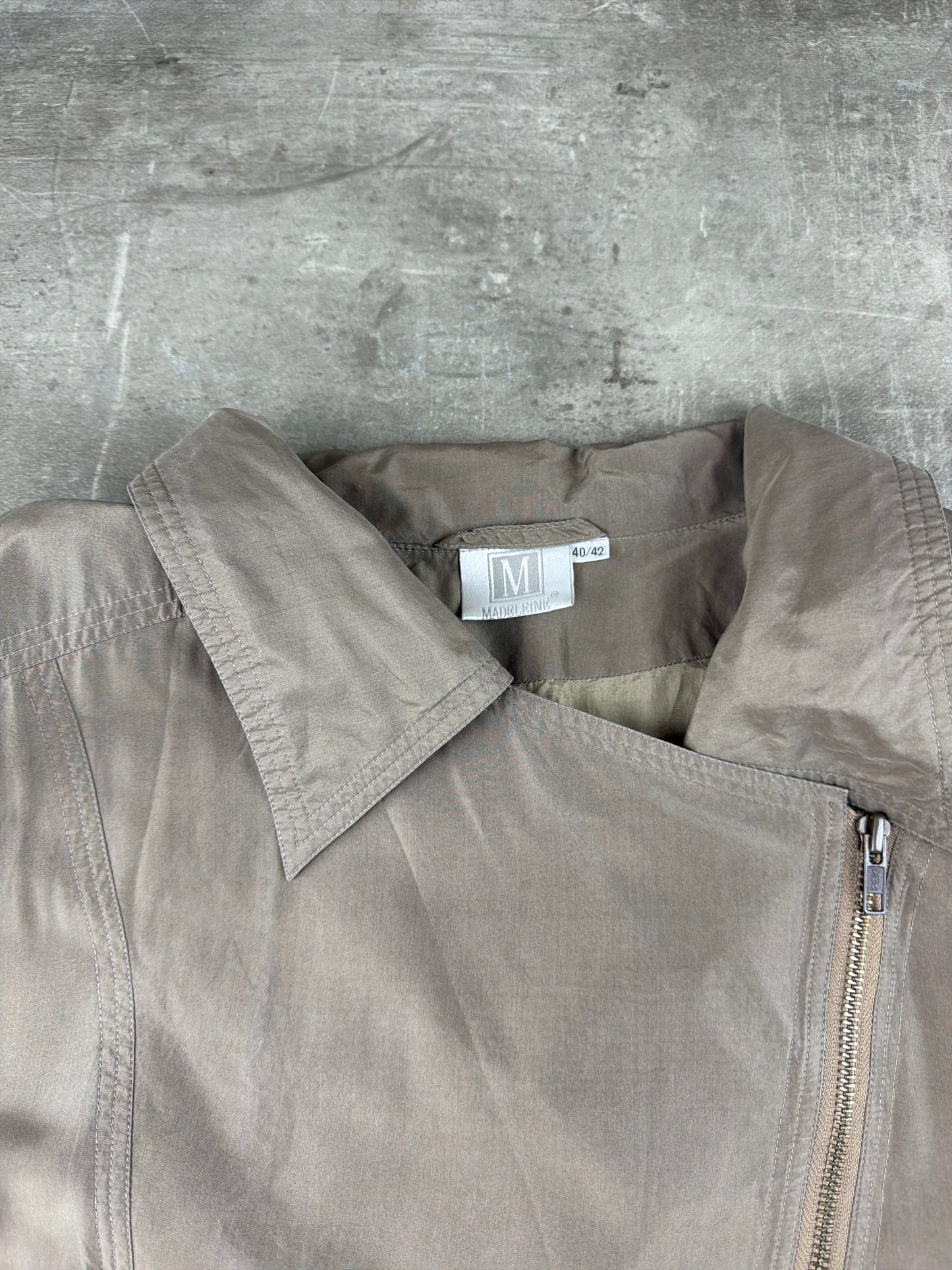 Madeleine Vintage Asymmetrical Belted Biker Silk Jacket - Washed Greyish Taupe Earth Tones