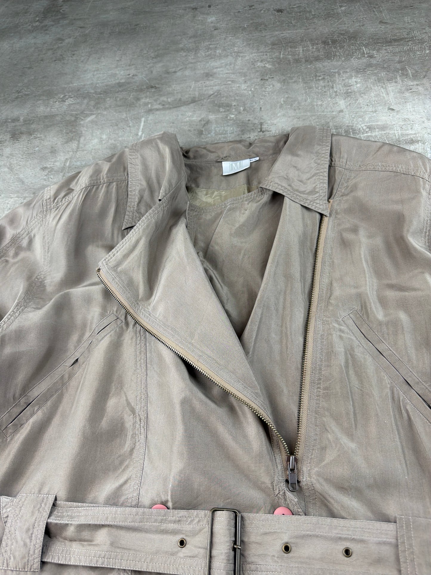 Madeleine Vintage Asymmetrical Belted Biker Silk Jacket - Washed Greyish Taupe Earth Tones