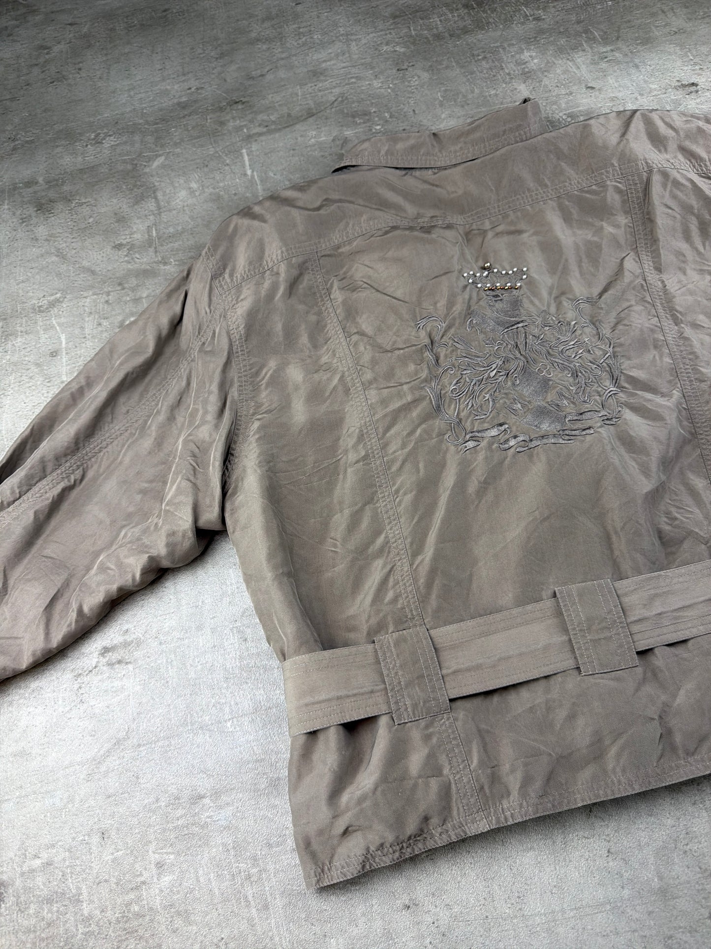 Madeleine Vintage Asymmetrical Belted Biker Silk Jacket - Washed Greyish Taupe Earth Tones