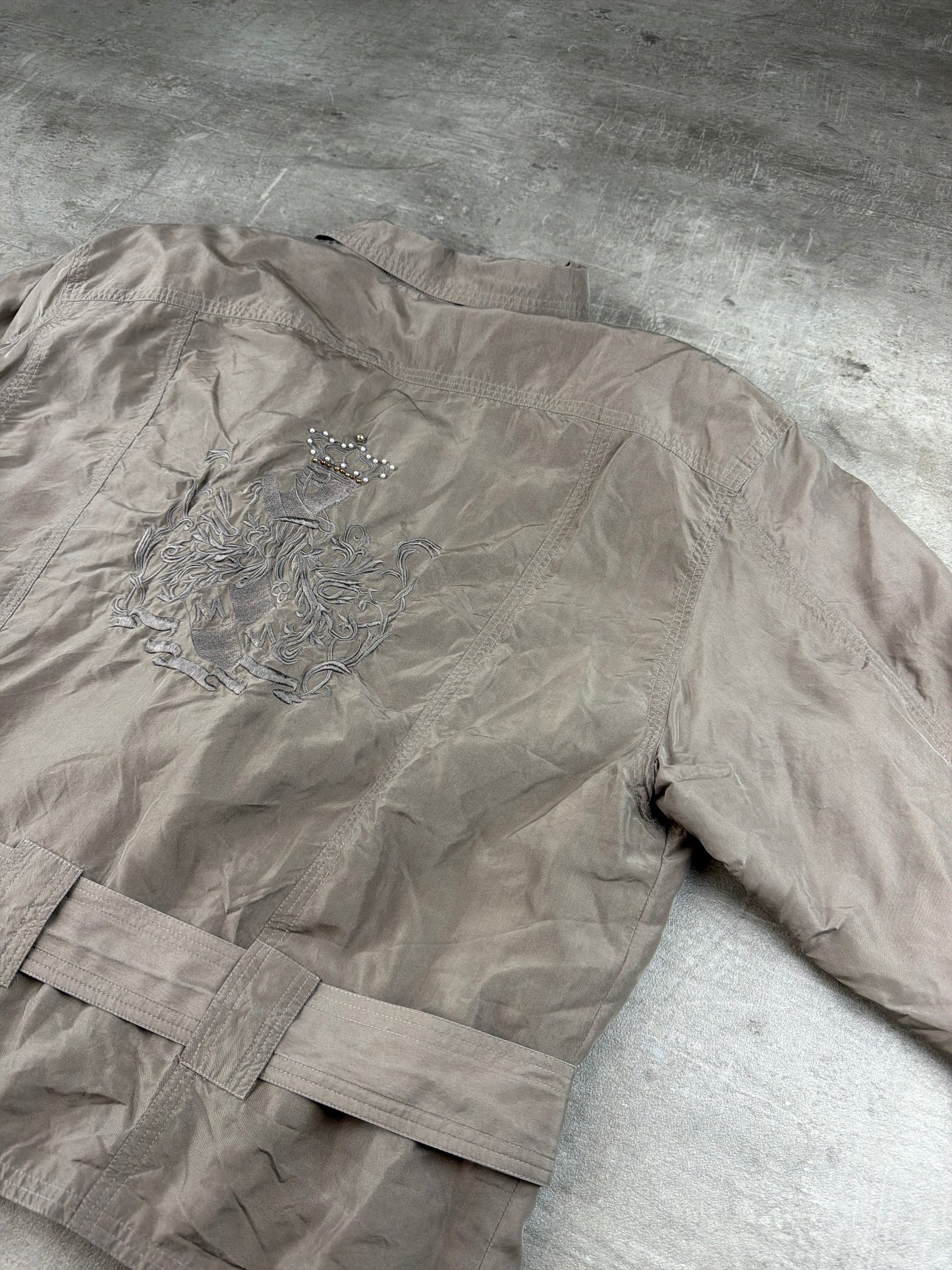Madeleine Vintage Asymmetrical Belted Biker Silk Jacket - Washed Greyish Taupe Earth Tones