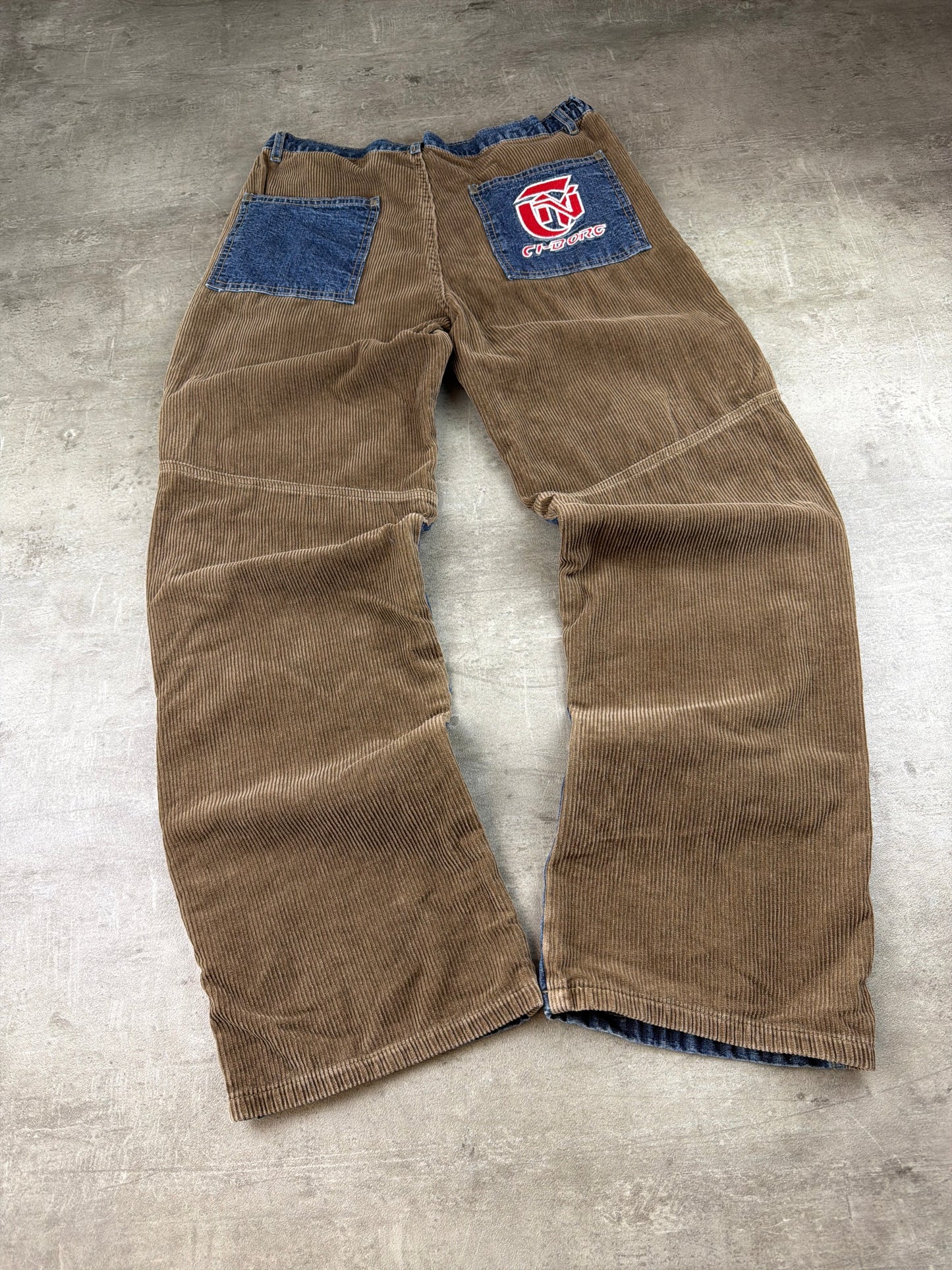 CI-BORG Y2K Cyber Skater Corduroy Denim Patchwork Baggy Pants – Brown / Blue Wash