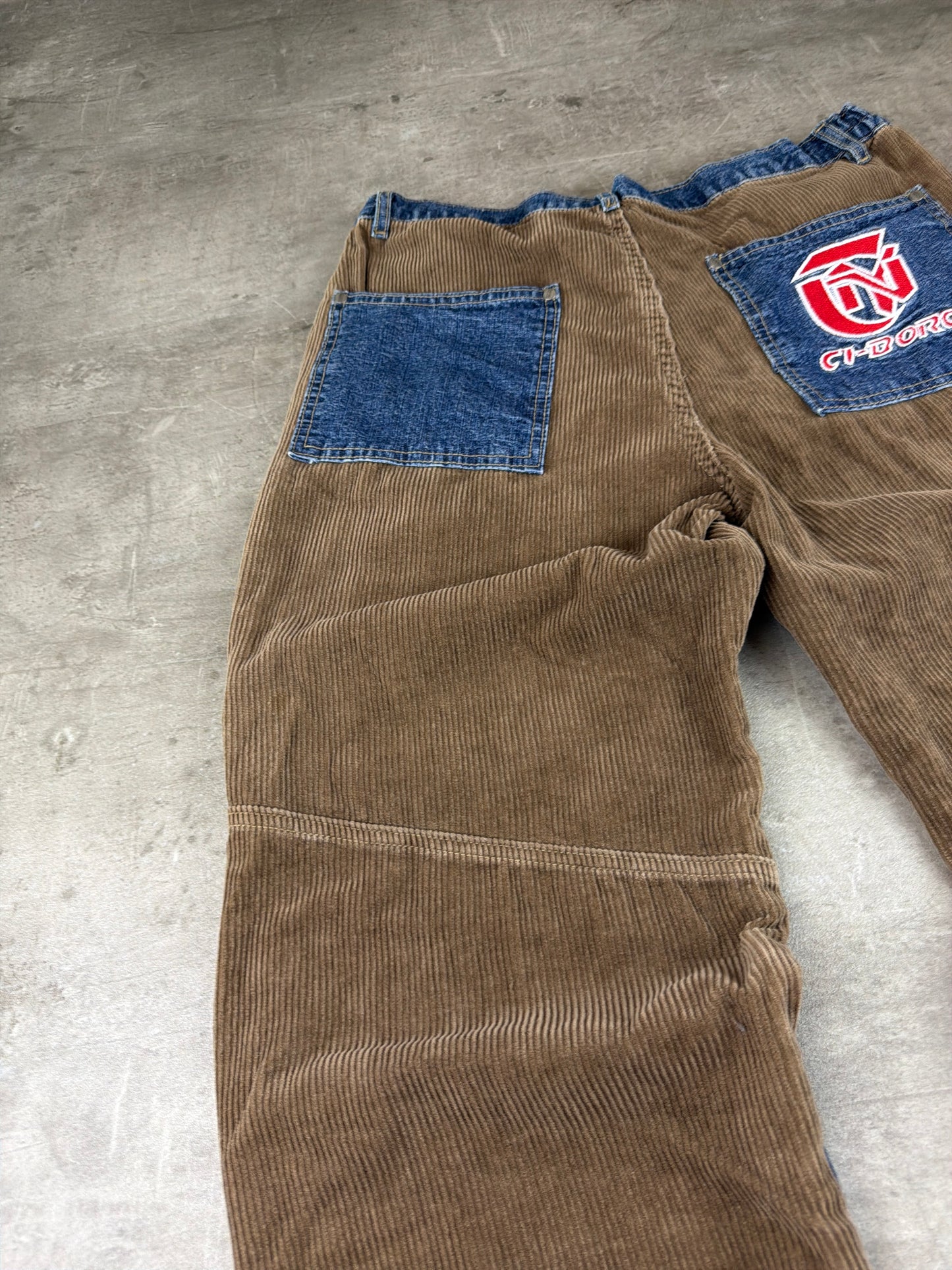 CI-BORG Y2K Cyber Skater Corduroy Denim Patchwork Baggy Pants – Brown / Blue Wash