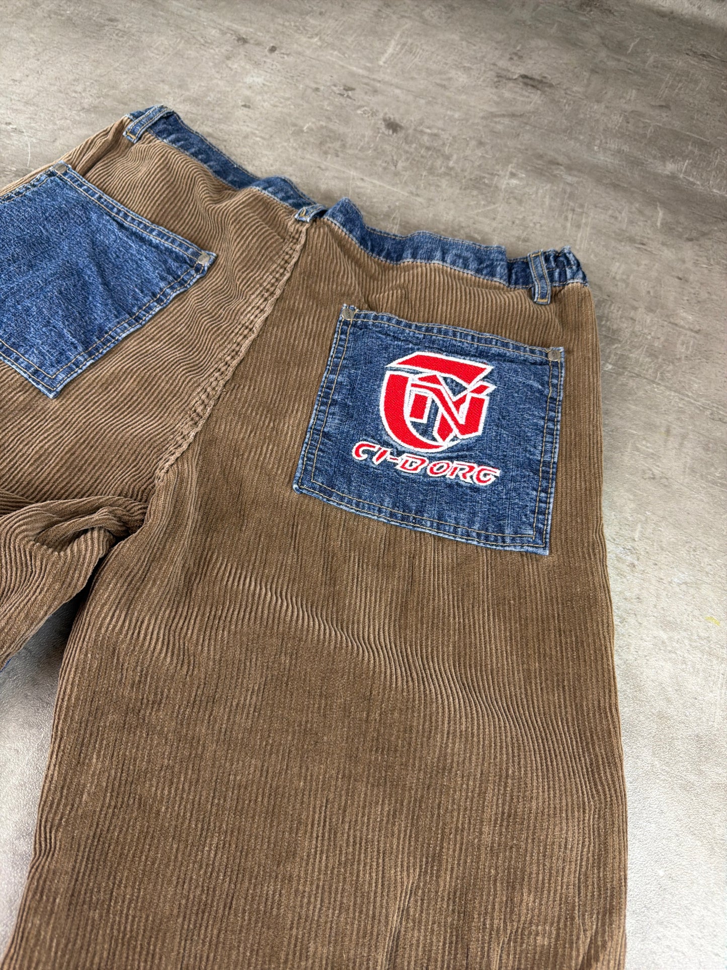 CI-BORG Y2K Cyber Skater Corduroy Denim Patchwork Baggy Pants – Brown / Blue Wash