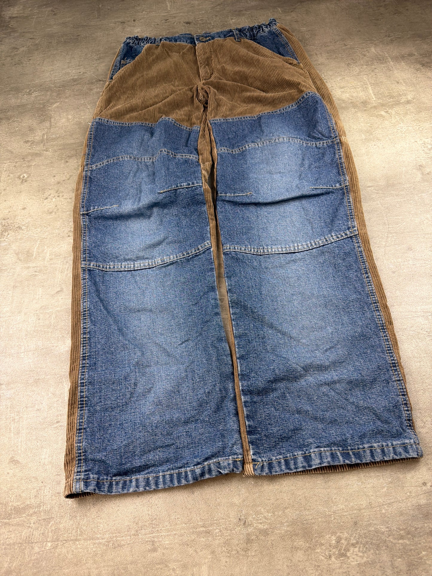 CI-BORG Y2K Cyber Skater Corduroy Denim Patchwork Baggy Pants – Brown / Blue Wash