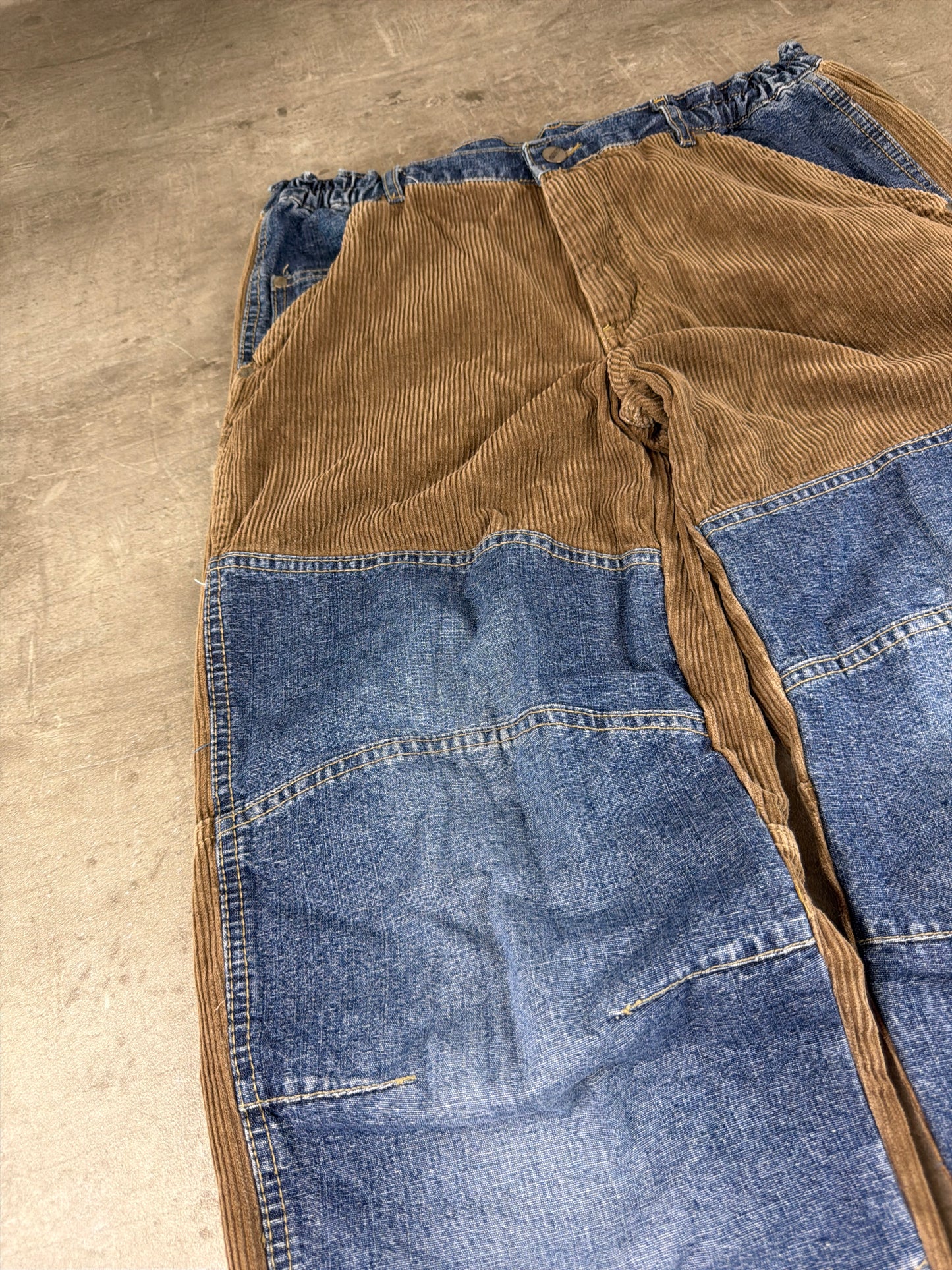 CI-BORG Y2K Cyber Skater Corduroy Denim Patchwork Baggy Pants – Brown / Blue Wash