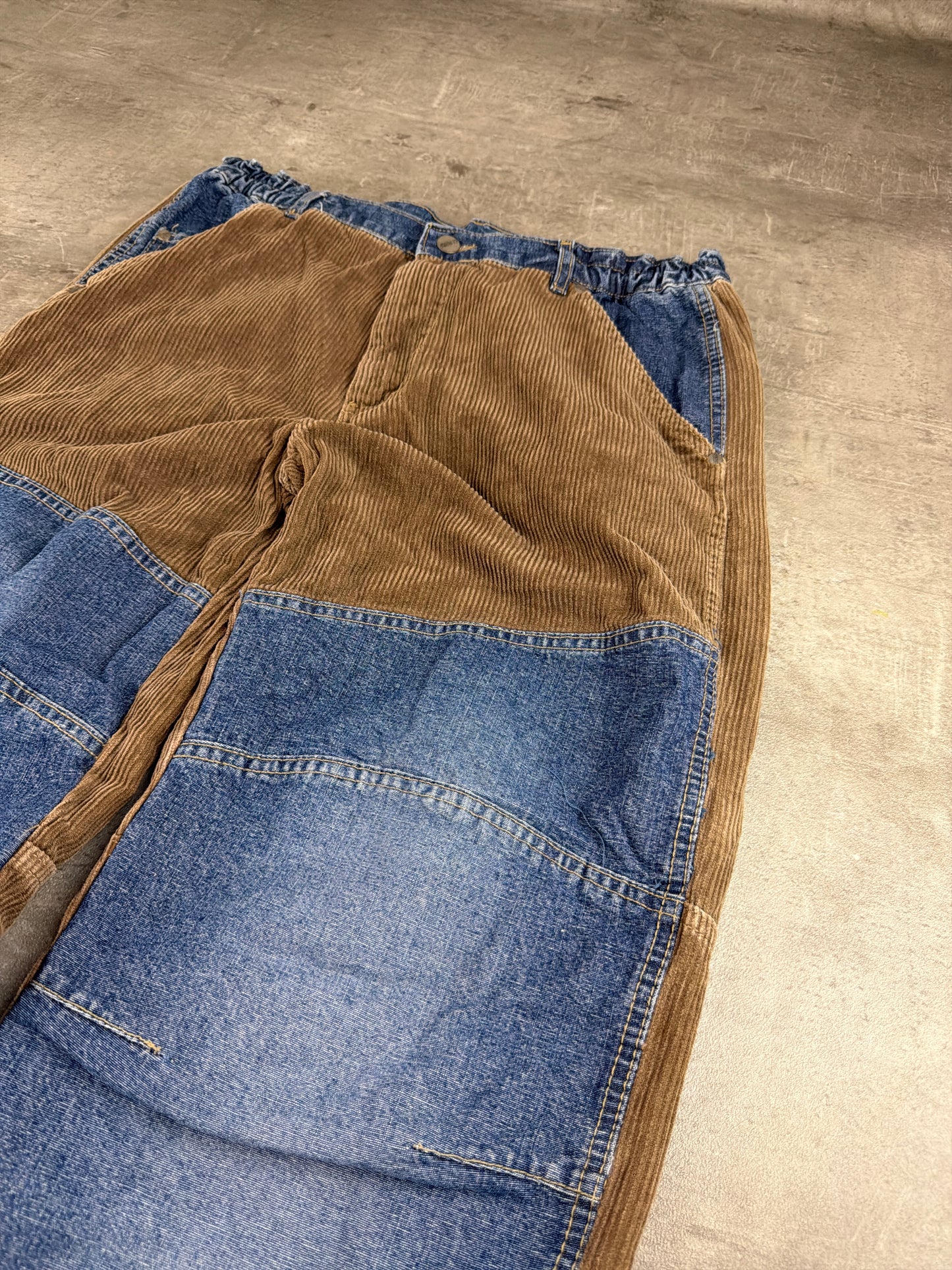 CI-BORG Y2K Cyber Skater Corduroy Denim Patchwork Baggy Pants – Brown / Blue Wash