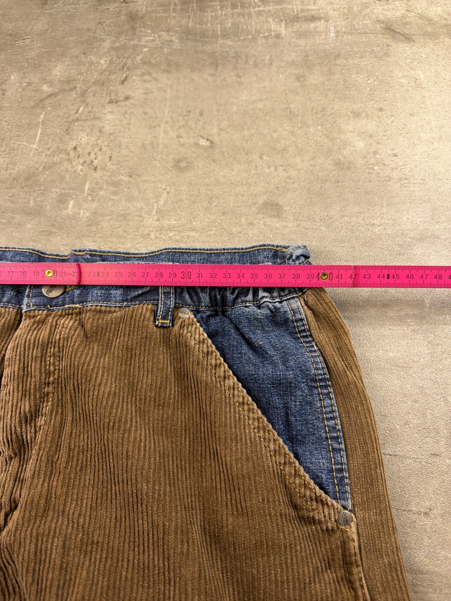 CI-BORG Y2K Cyber Skater Corduroy Denim Patchwork Baggy Pants – Brown / Blue Wash