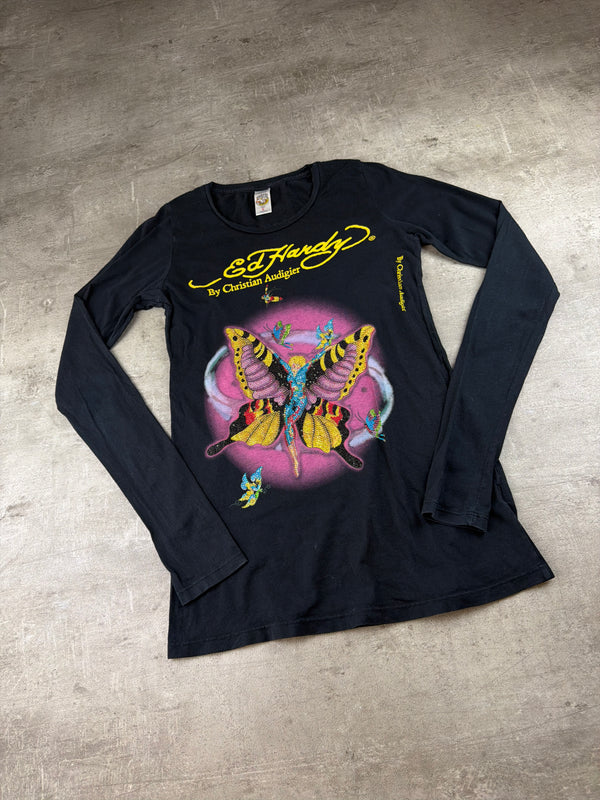 Ed Hardy by Christian Audigier Vintage Rhinestone Butterfly Longsleeve - Black / Y2K Fairycore