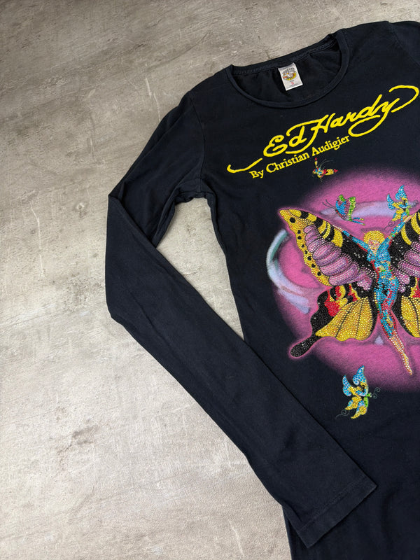Ed Hardy by Christian Audigier Vintage Rhinestone Butterfly Longsleeve - Black / Y2K Fairycore