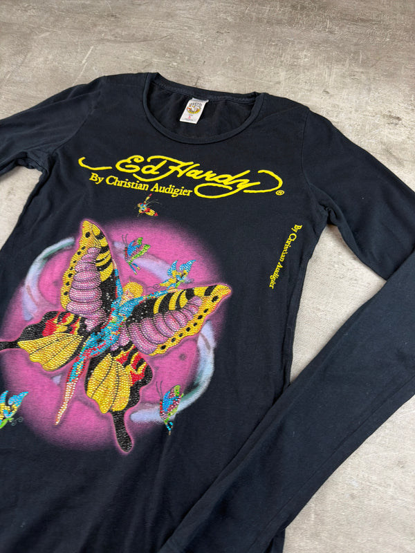 Ed Hardy by Christian Audigier Vintage Rhinestone Butterfly Longsleeve - Black / Y2K Fairycore