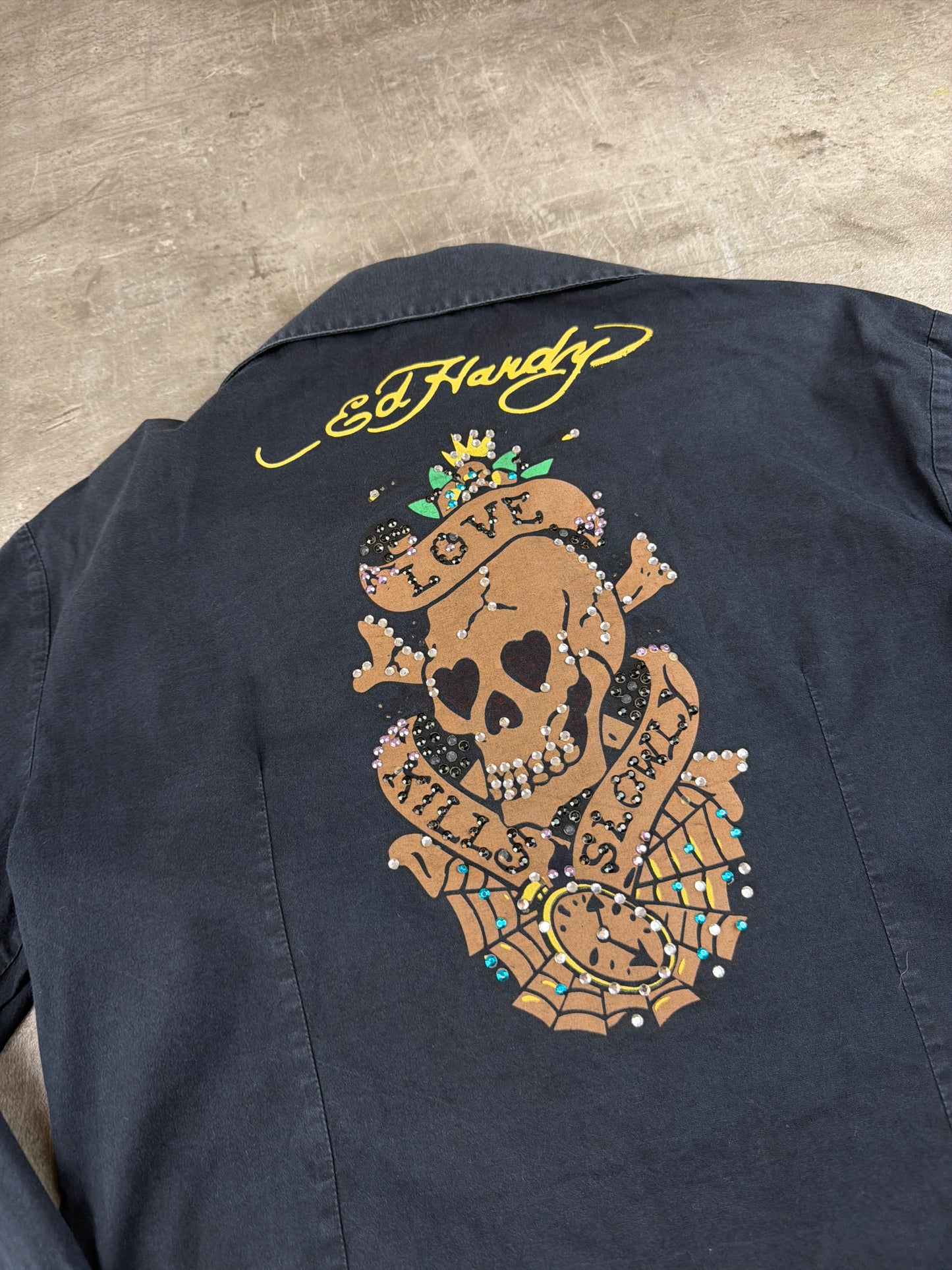 Ed Hardy Y2K Tattoo Art Skull Blouse - All Black Rhinestone Statement