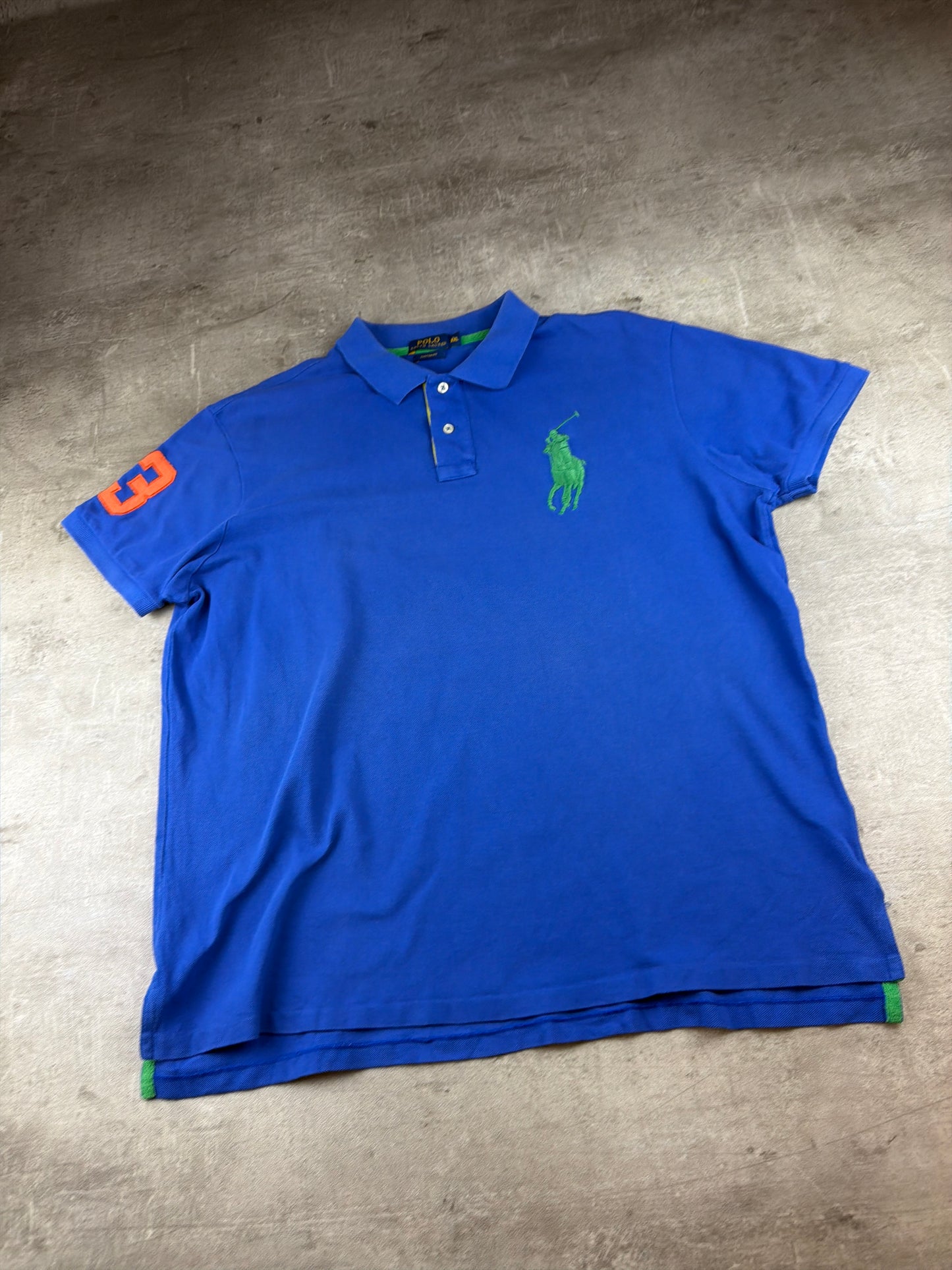 Polo Ralph Lauren Big Pony "Number 3" Custom Fit Polo Shirt - Royal Blue / Neon Green & Orange