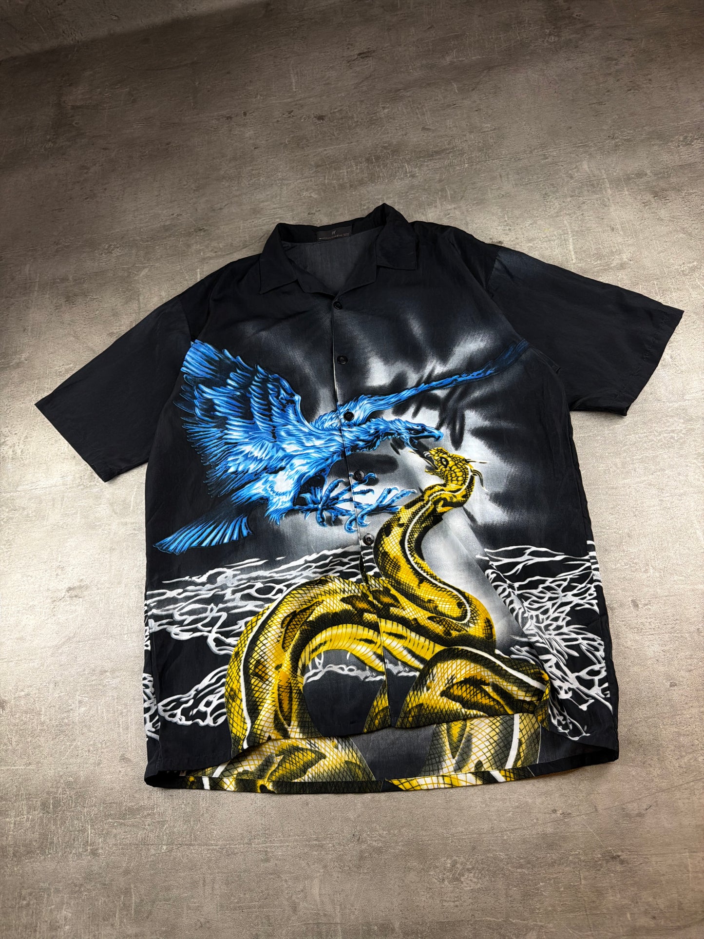 Vintage Y2K "Eagle vs. Snake" Graphic Cyber Camp Collar Shirt – Black / Blue / Yellow