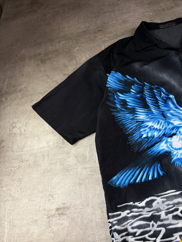 Vintage Y2K "Eagle vs. Snake" Graphic Cyber Camp Collar Shirt – Black / Blue / Yellow