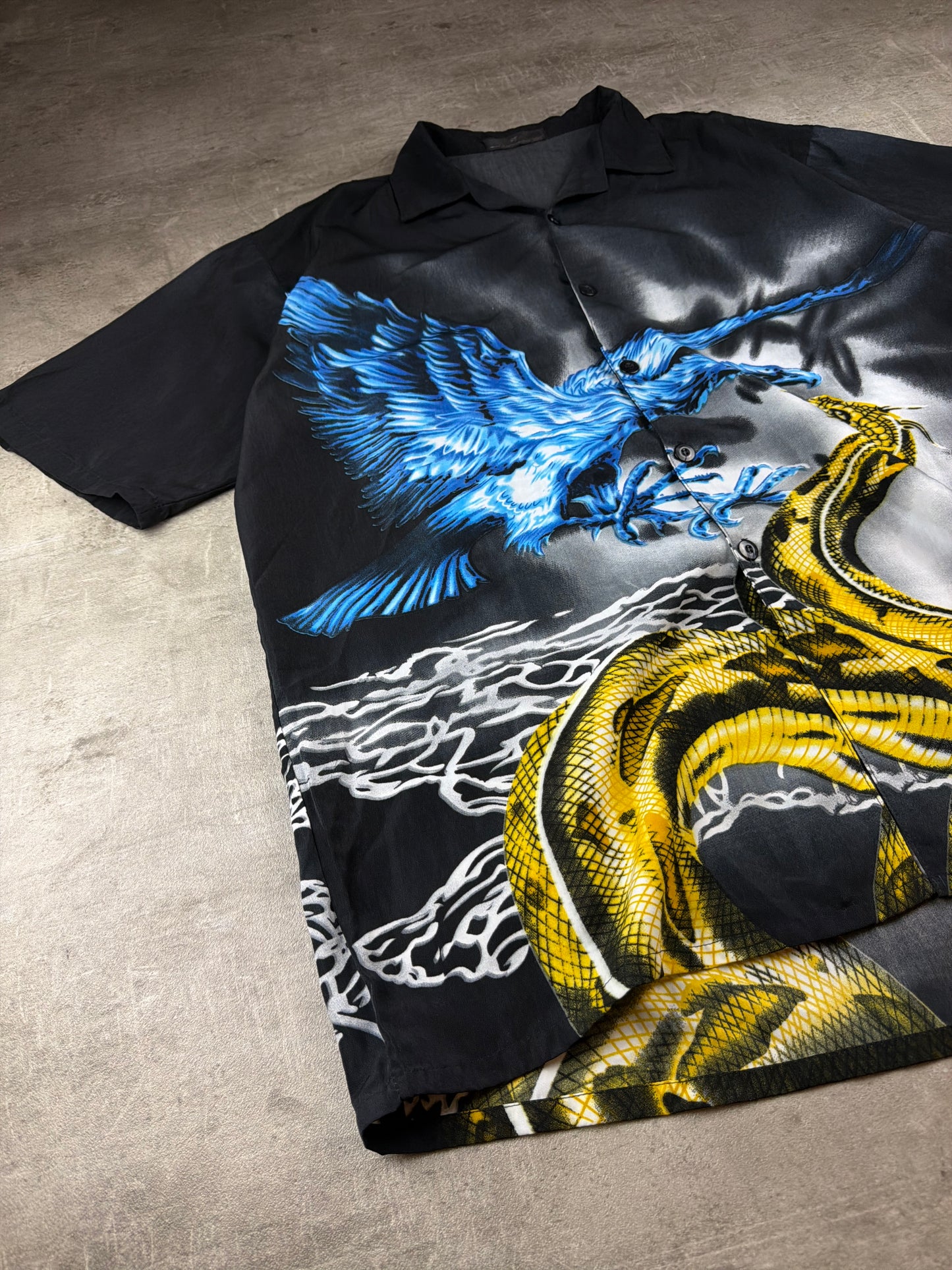 Vintage Y2K "Eagle vs. Snake" Graphic Cyber Camp Collar Shirt – Black / Blue / Yellow