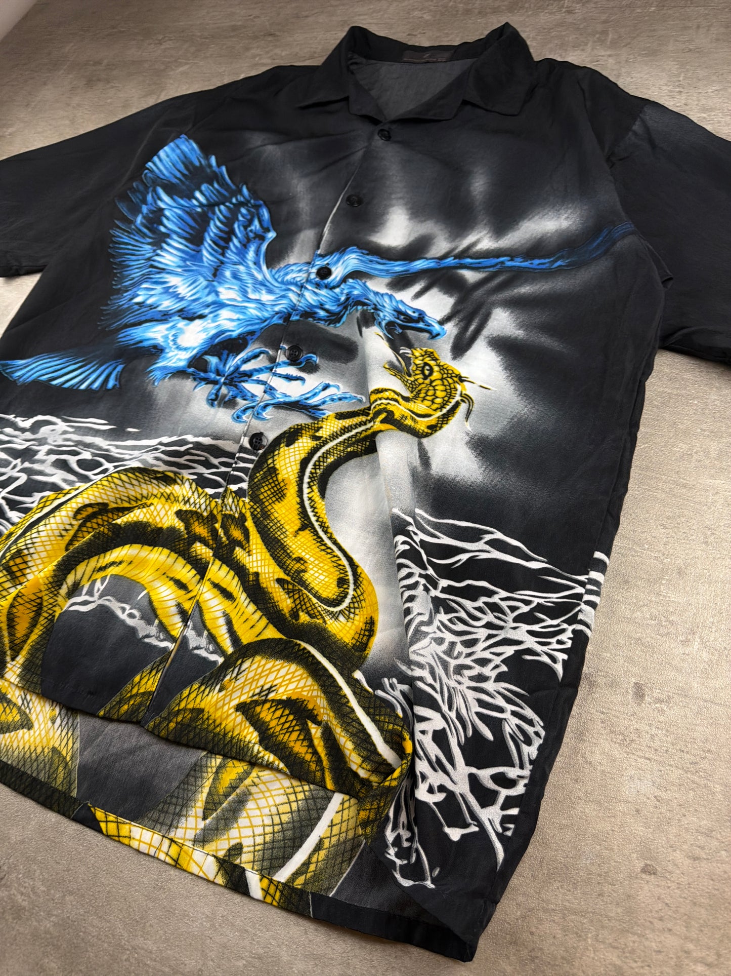 Vintage Y2K "Eagle vs. Snake" Graphic Cyber Camp Collar Shirt – Black / Blue / Yellow