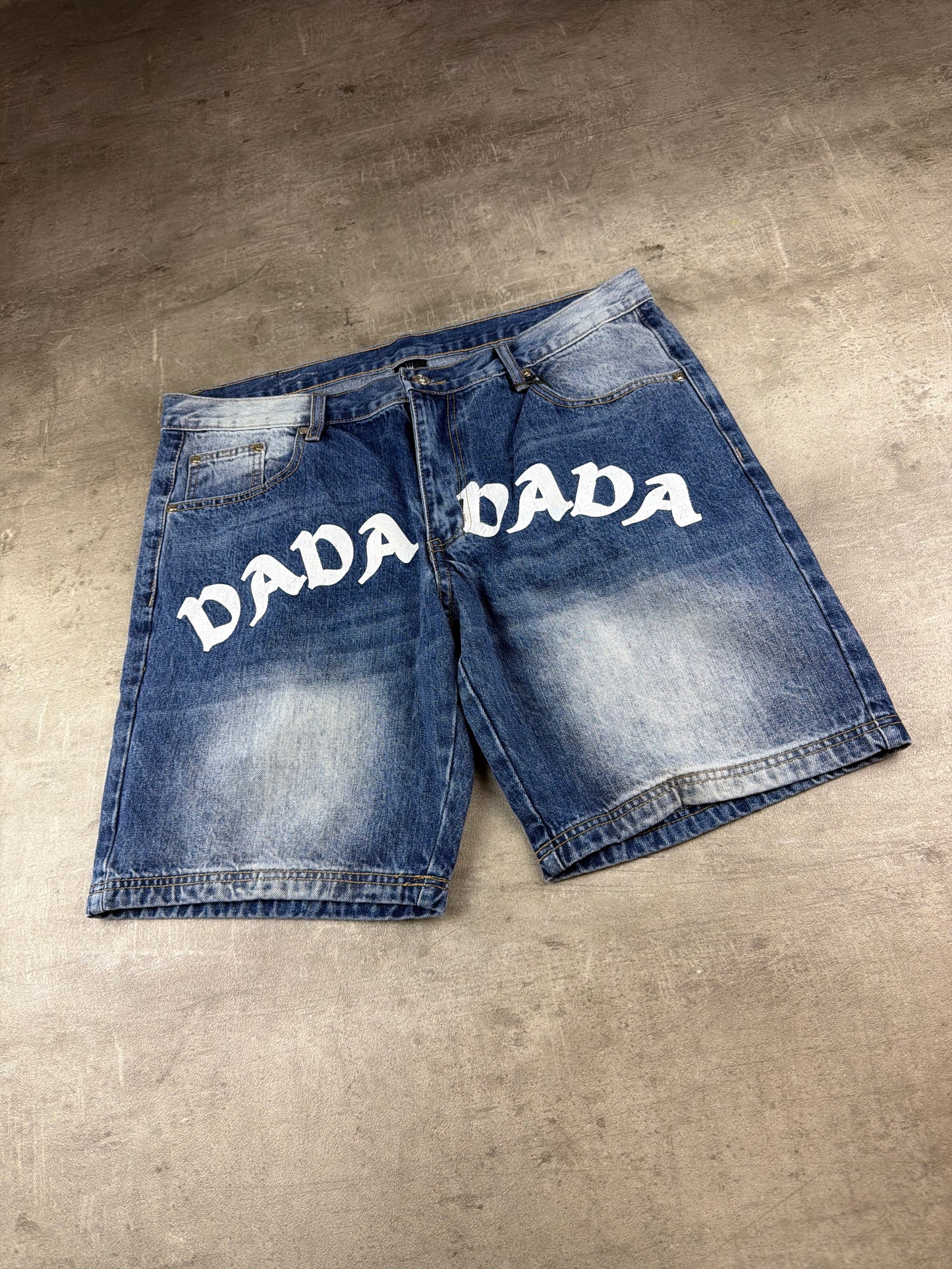 Dada Supreme Y2K Graphic Spellout Denim Baggy Jorts - Bleached Light Blue