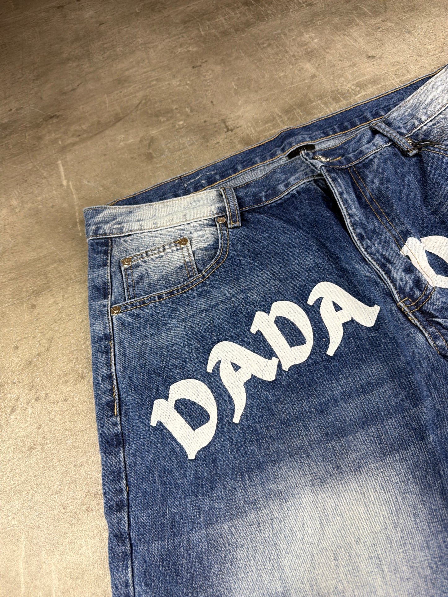 Dada Supreme Y2K Graphic Spellout Denim Baggy Jorts - Bleached Light Blue