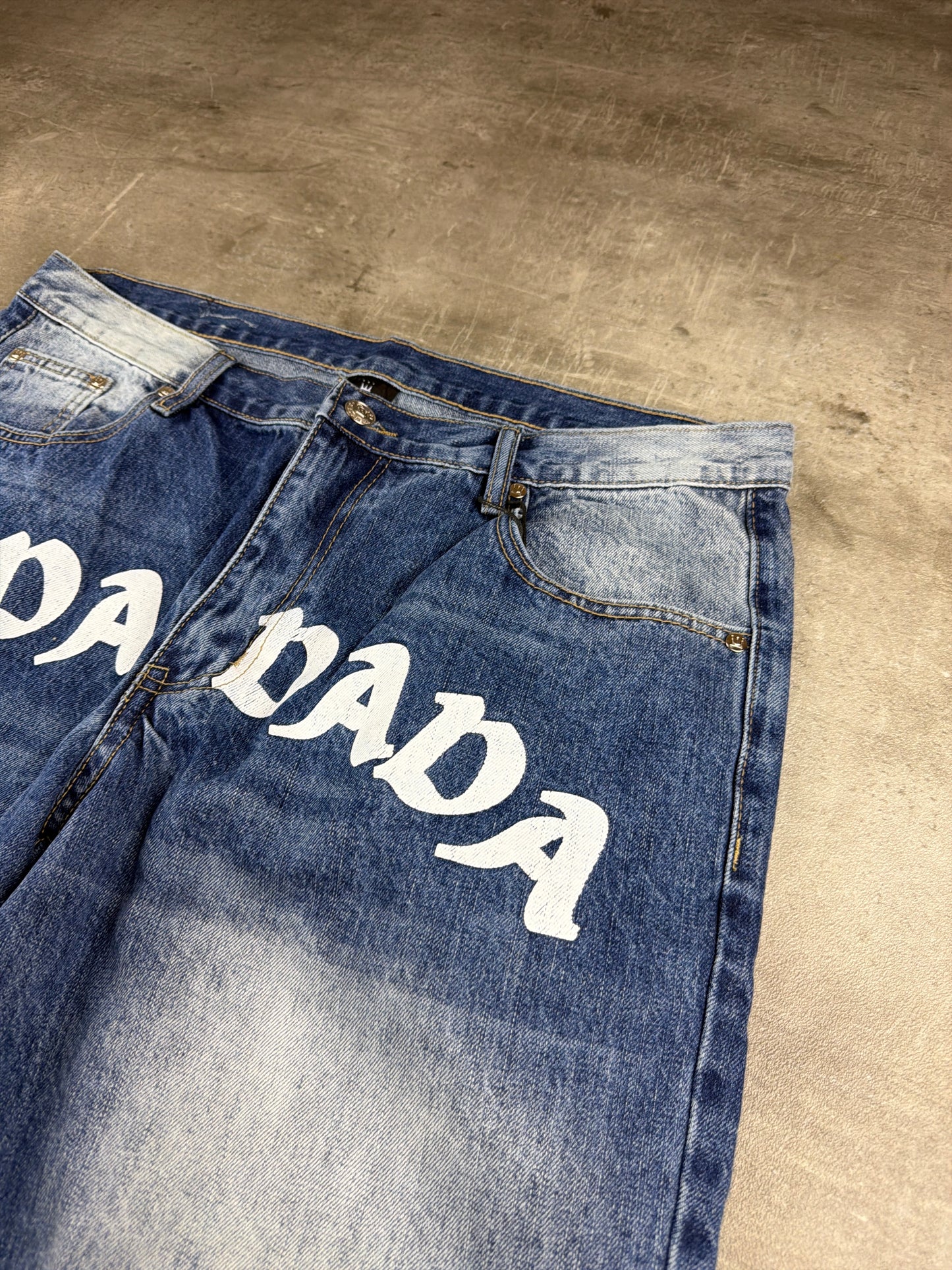Dada Supreme Y2K Graphic Spellout Denim Baggy Jorts - Bleached Light Blue