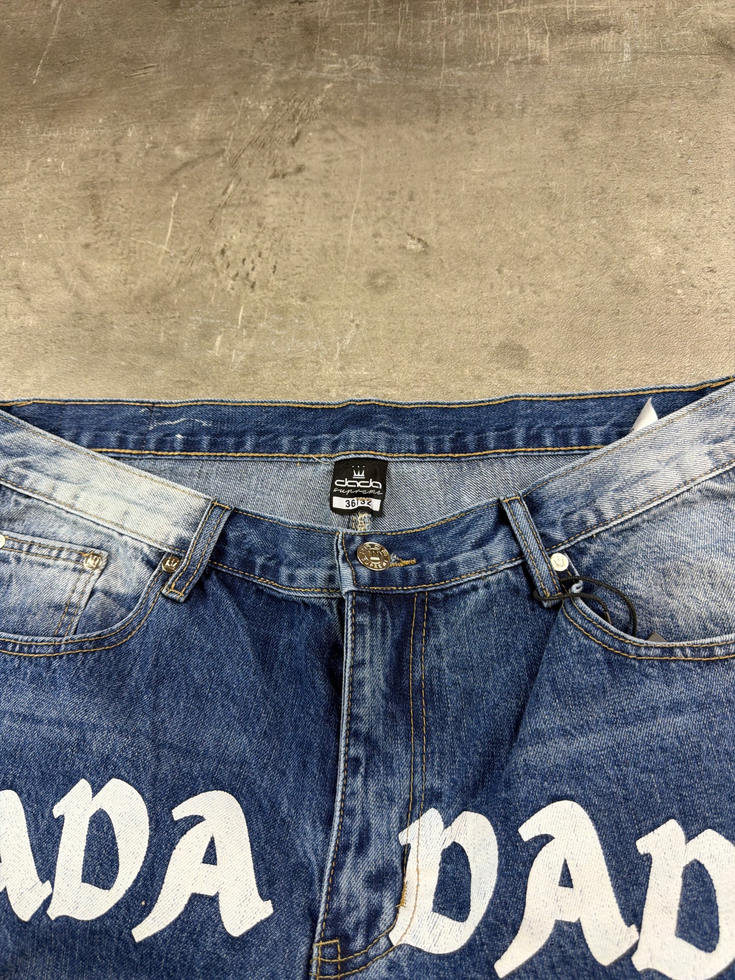 Dada Supreme Y2K Graphic Spellout Denim Baggy Jorts - Bleached Light Blue