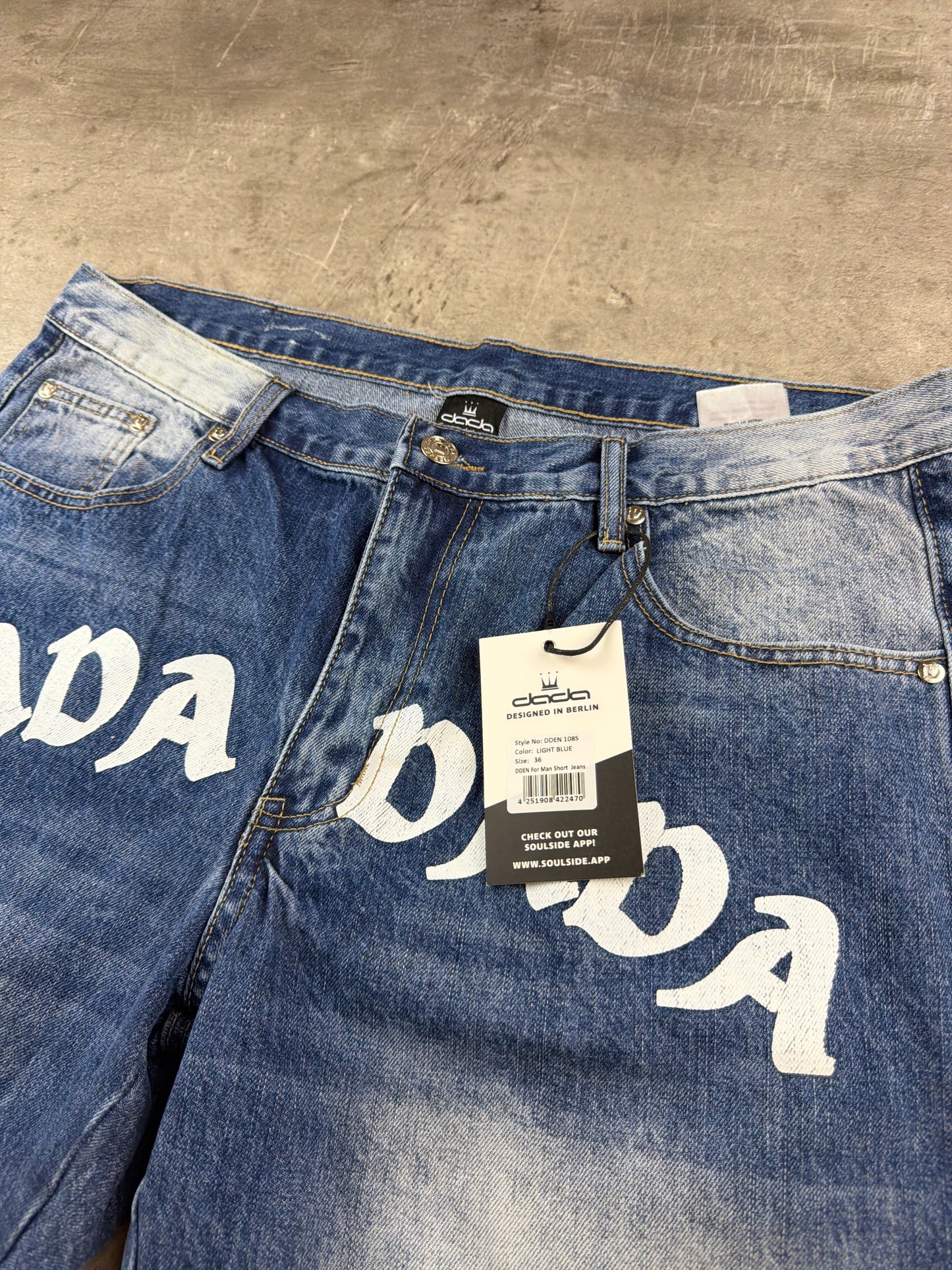 Dada Supreme Y2K Graphic Spellout Denim Baggy Jorts - Bleached Light Blue