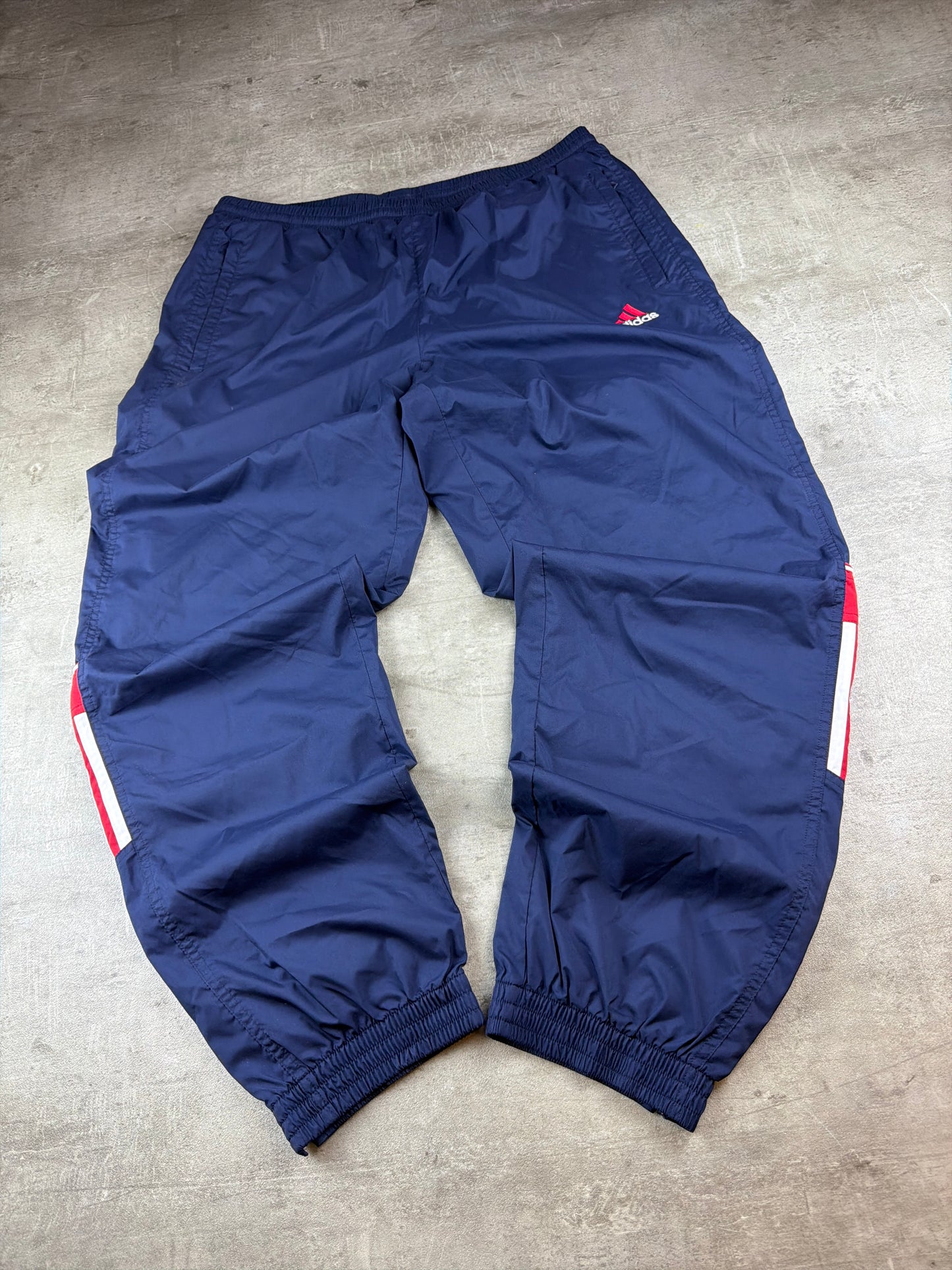 Vintage Adidas 00s Baggy Nylon Trackpants – Dark Navy / Red-White Stripes