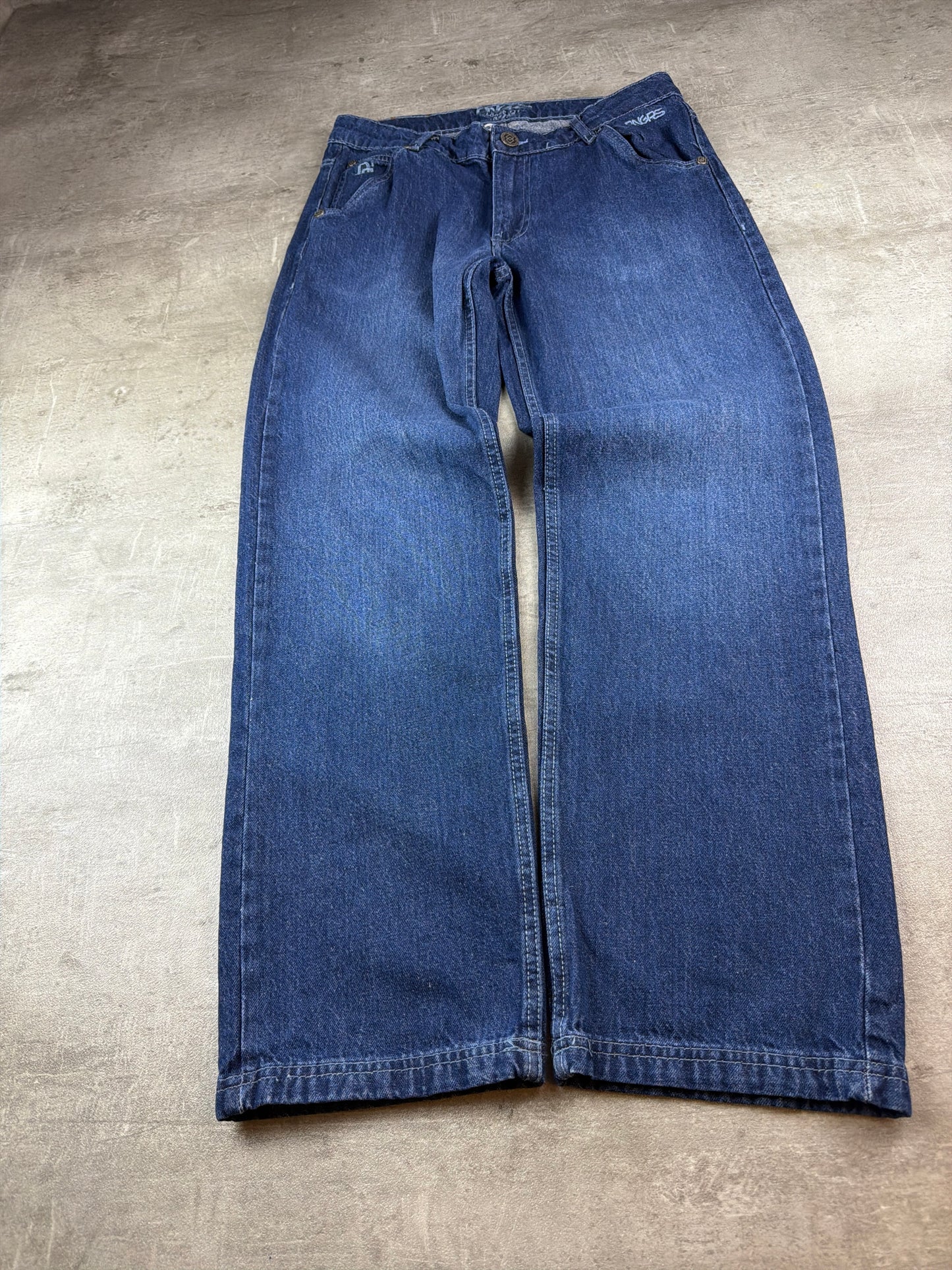 Dangerous DNGRS "Loose Fit" Embroidered Skater Jeans - Deep Blue Wash Y2K