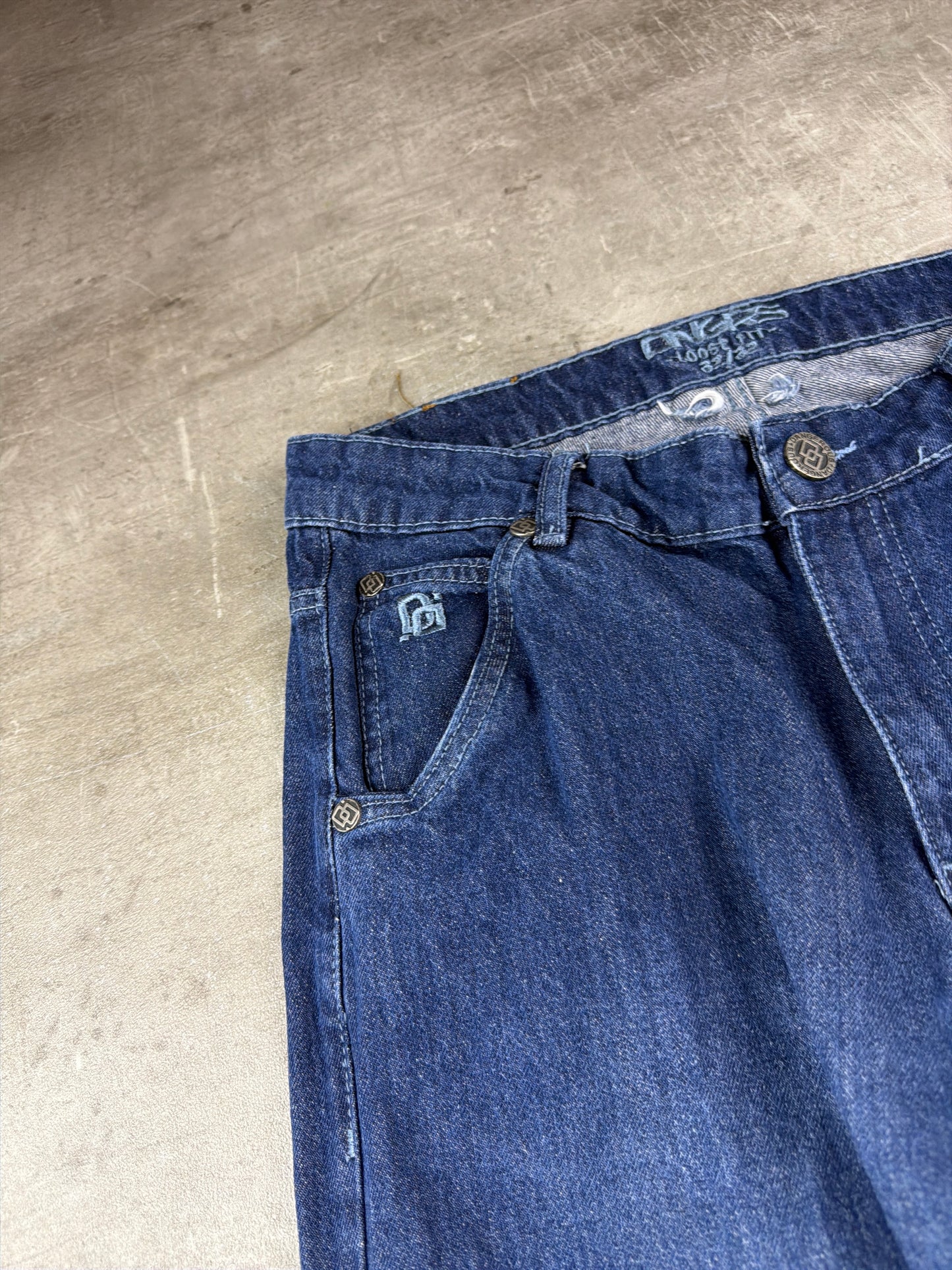 Dangerous DNGRS "Loose Fit" Embroidered Skater Jeans - Deep Blue Wash Y2K