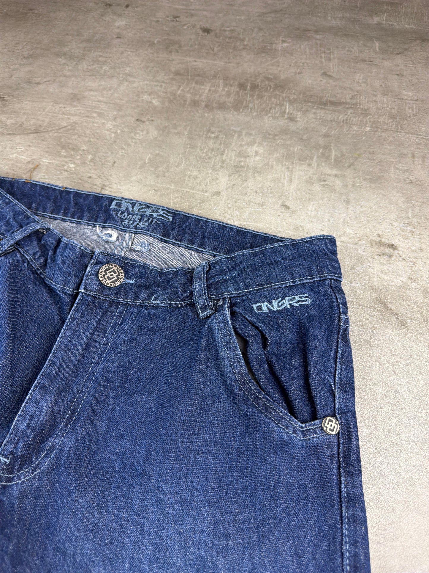 Dangerous DNGRS "Loose Fit" Embroidered Skater Jeans - Deep Blue Wash Y2K
