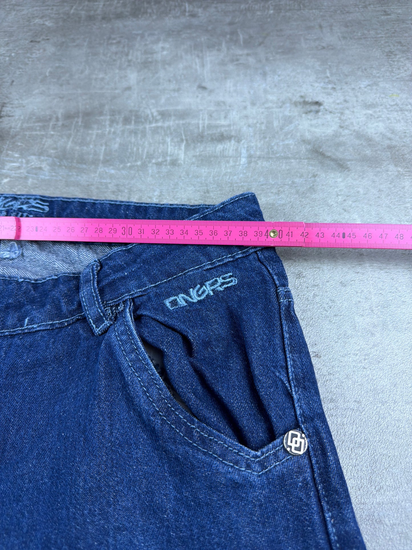 Dangerous DNGRS "Loose Fit" Embroidered Skater Jeans - Deep Blue Wash Y2K