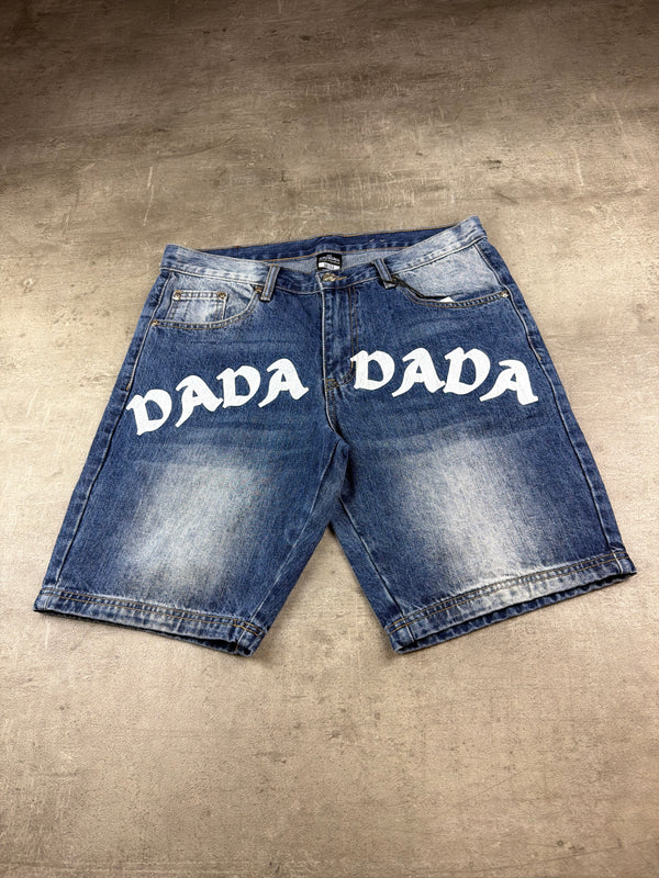 Dada Supreme Hip Hop Baggy Denim Jorts – Acid Washed / Printed Blue