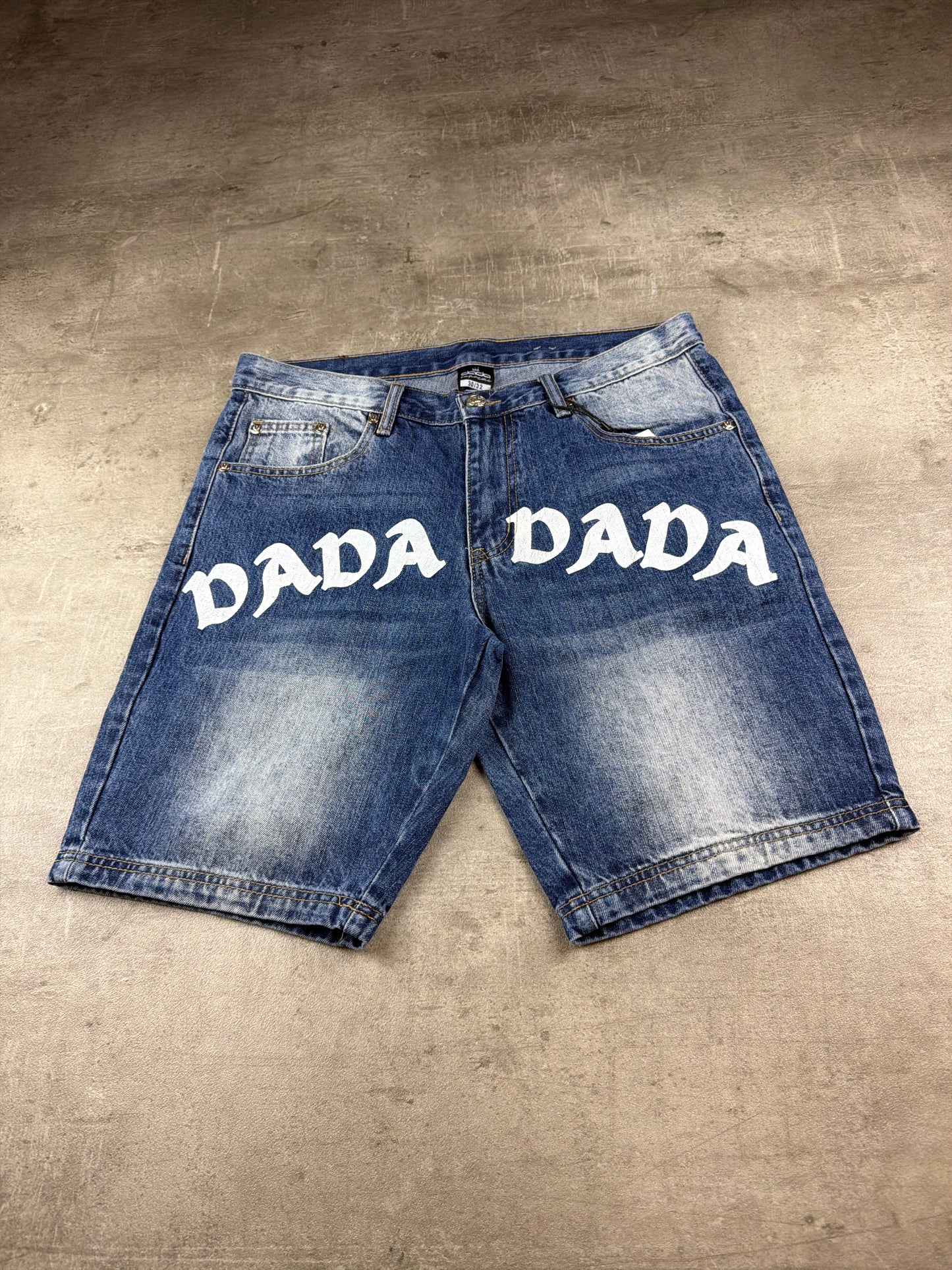 Dada Supreme Hip Hop Baggy Denim Jorts – Acid Washed / Printed Blue