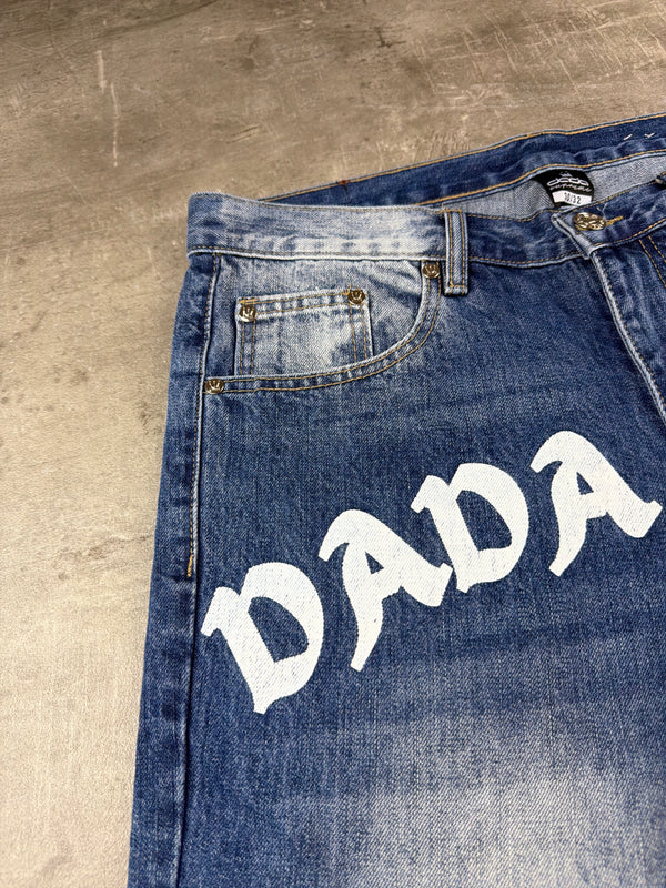 Dada Supreme Hip Hop Baggy Denim Jorts – Acid Washed / Printed Blue